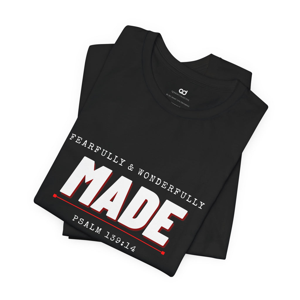 Qodesh Signature Collection T-Shirt — Minimal 'Fearfully & Wonderfully MADE' Design with Tiny Red Heart
