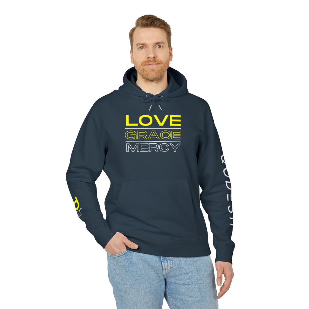 Love, Grace, Mercy Minimalist Hoodie — Yellow "LOVE" Graphic Pullover