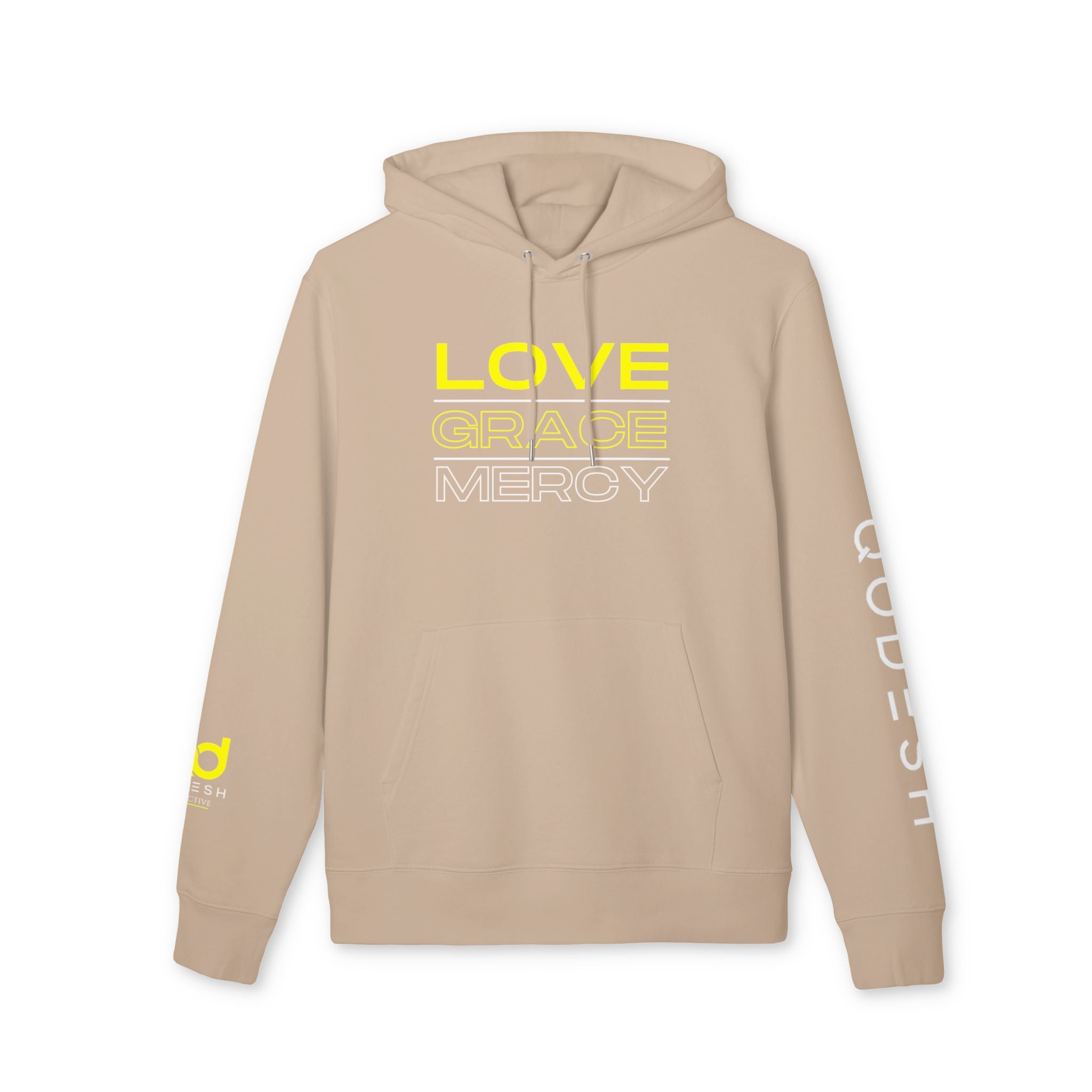 Love, Grace, Mercy Minimalist Hoodie — Yellow "LOVE" Graphic Pullover