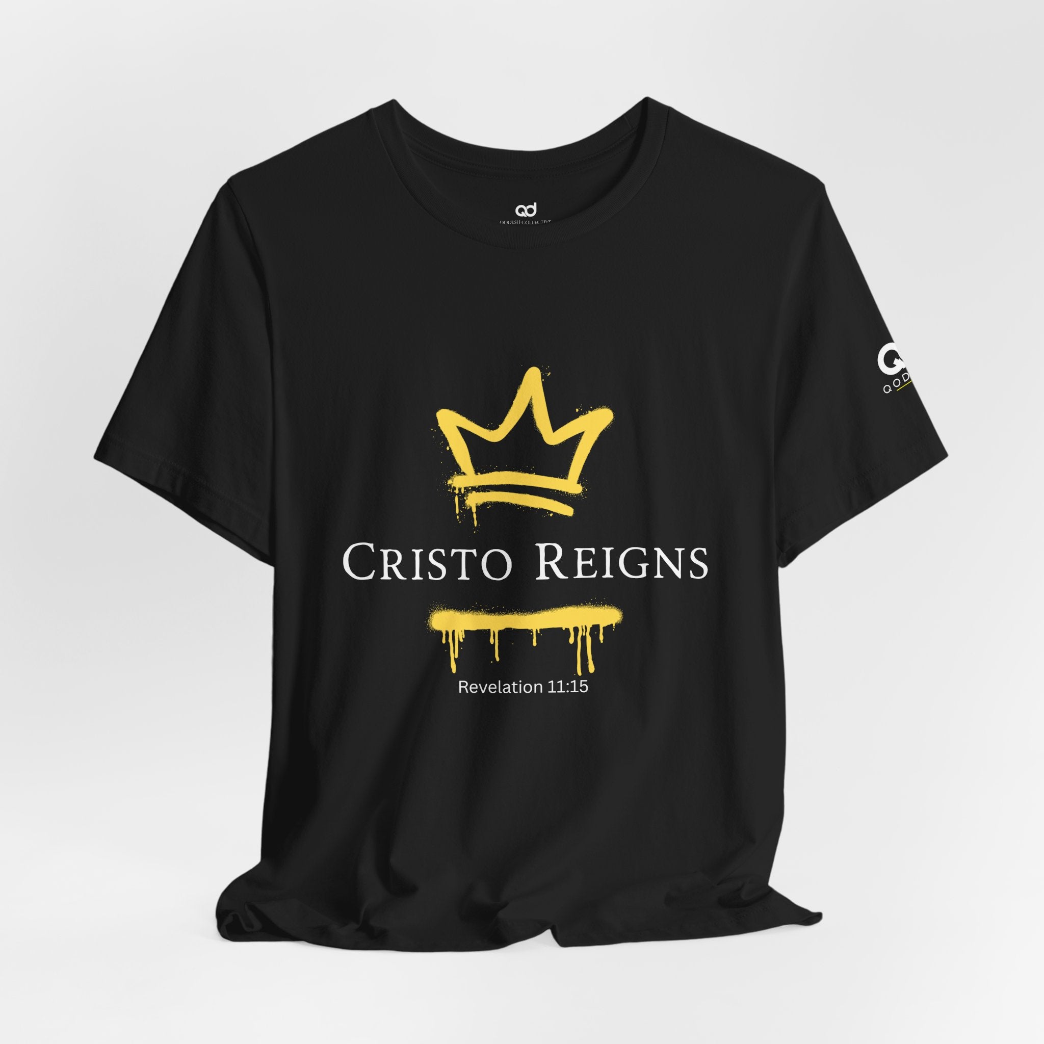 Gold Crown "Cristo Reigns" Graffiti Tee – Yellow Drip Streetwear T‑Shirt