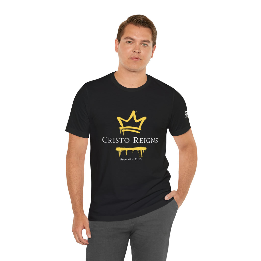 Gold Crown "Cristo Reigns" Graffiti Tee – Yellow Drip Streetwear T‑Shirt