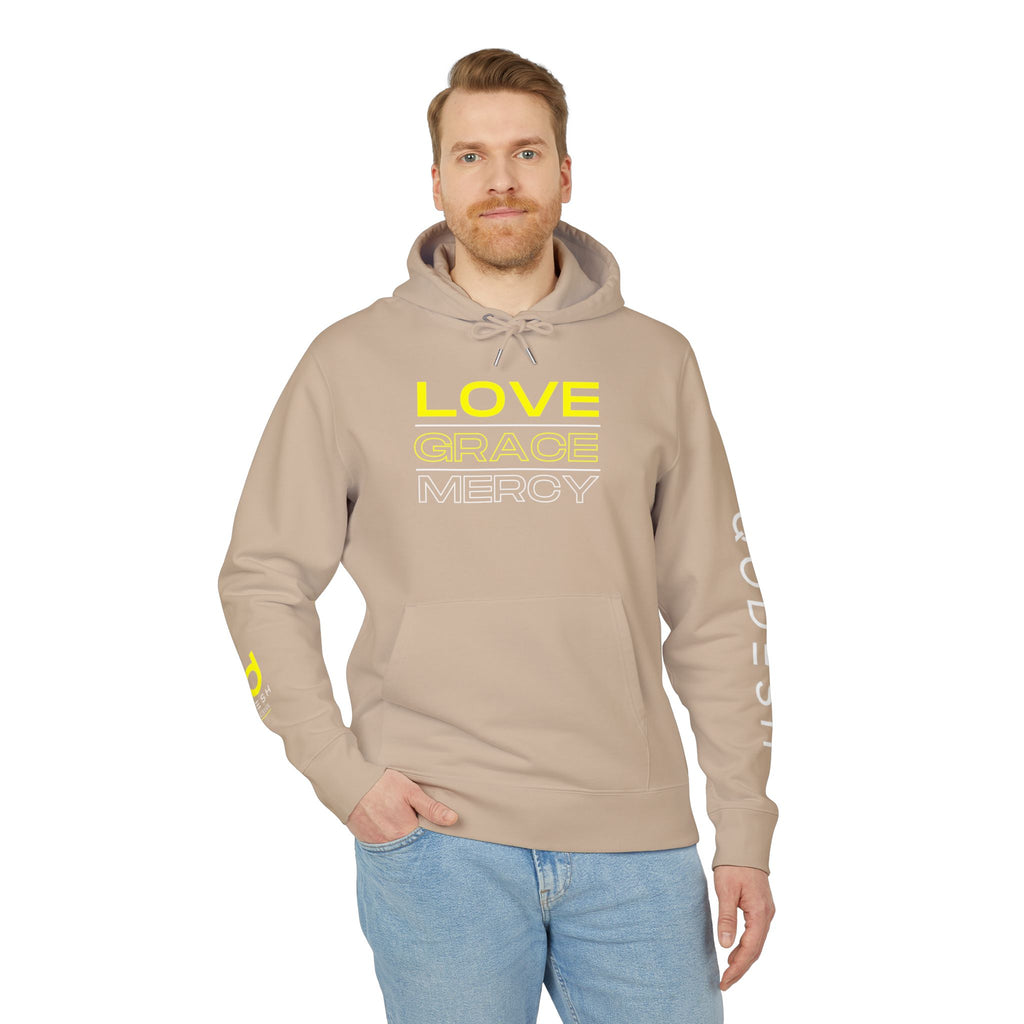 Love, Grace, Mercy Minimalist Hoodie — Yellow "LOVE" Graphic Pullover