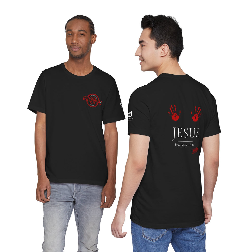 Freedom Stamp T‑Shirt — Distressed Red 'FREEDOM' Graphic Tee with Handprint Back