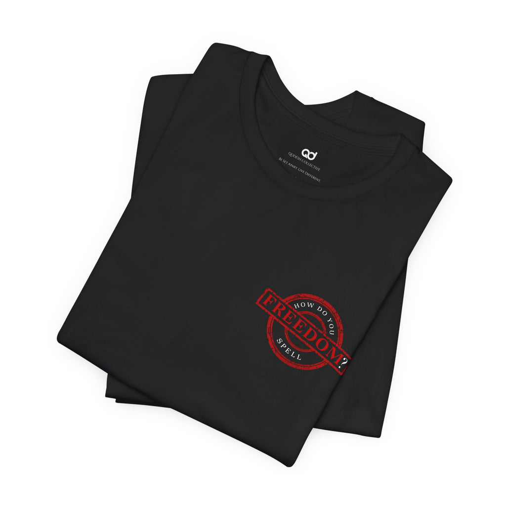 Freedom Stamp T‑Shirt — Distressed Red 'FREEDOM' Graphic Tee with Handprint Back
