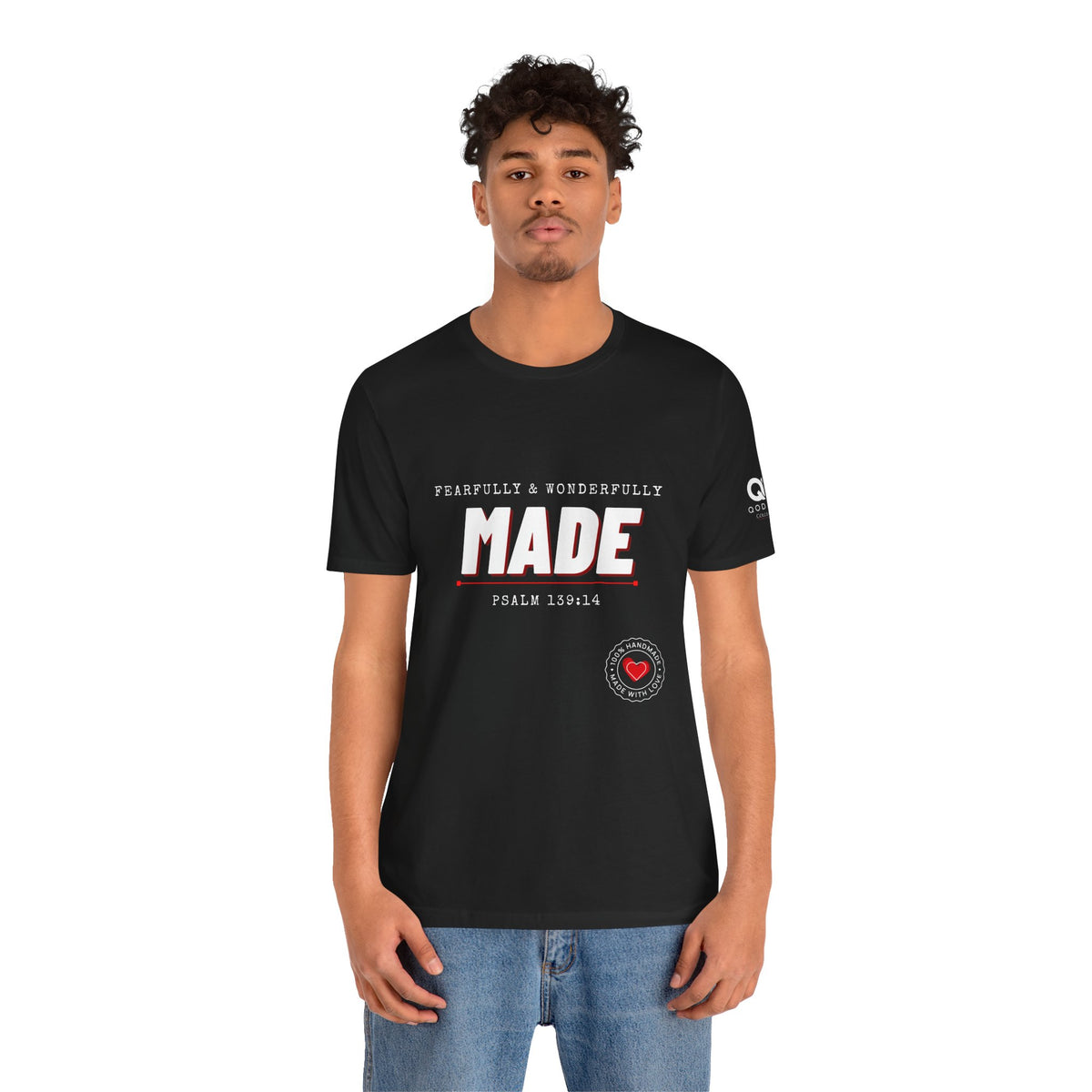 Qodesh Signature Collection T-Shirt — Minimal 'Fearfully & Wonderfully MADE' Design with Tiny Red Heart