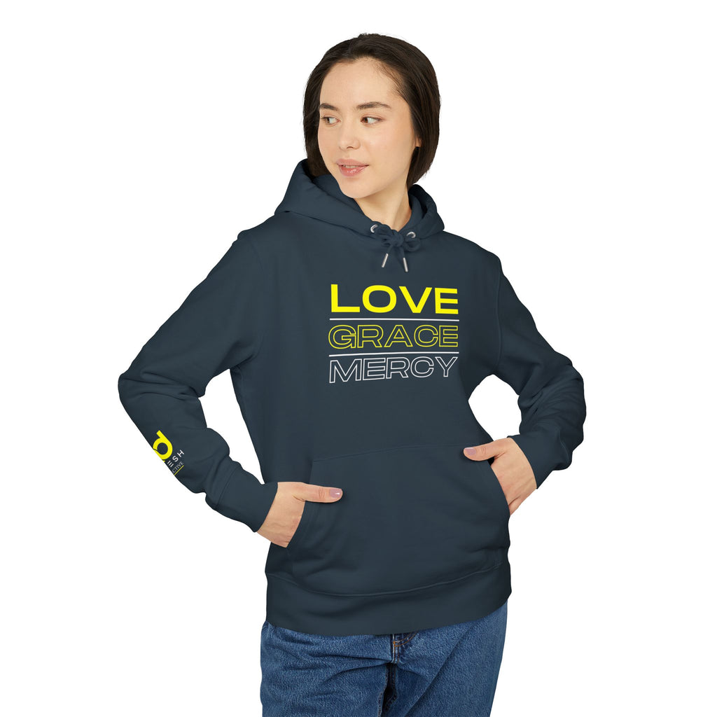 Love, Grace, Mercy Minimalist Hoodie — Yellow "LOVE" Graphic Pullover