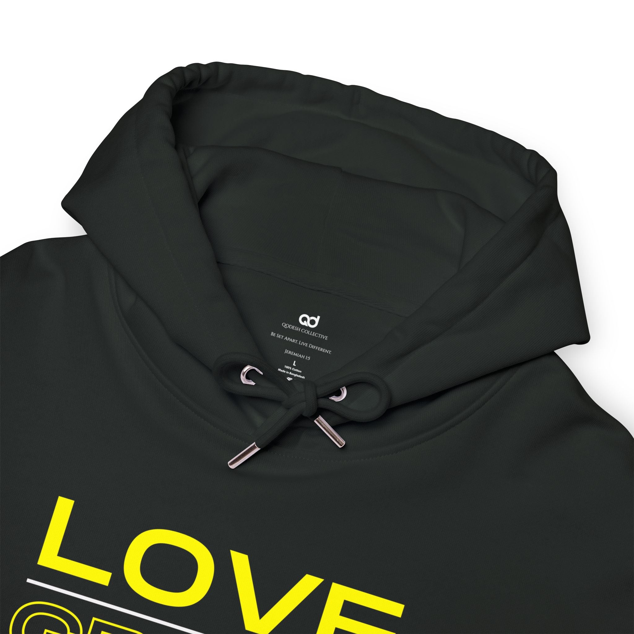 Love, Grace, Mercy Minimalist Hoodie — Yellow "LOVE" Graphic Pullover