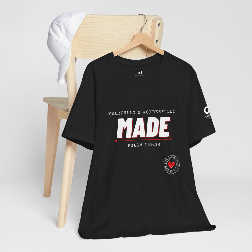Qodesh Signature Collection T-Shirt — Minimal 'Fearfully & Wonderfully MADE' Design with Tiny Red Heart