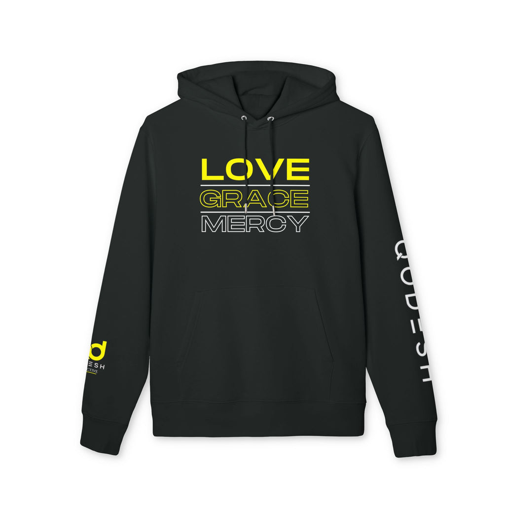 Love, Grace, Mercy Minimalist Hoodie — Yellow "LOVE" Graphic Pullover