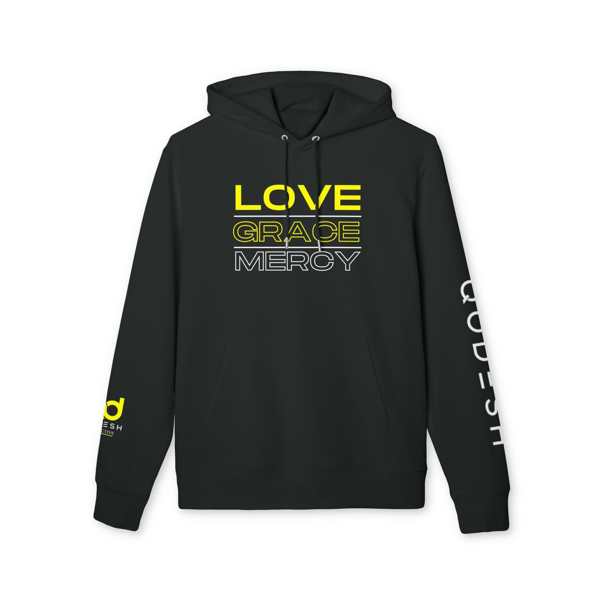 Love, Grace, Mercy Minimalist Hoodie — Yellow "LOVE" Graphic Pullover