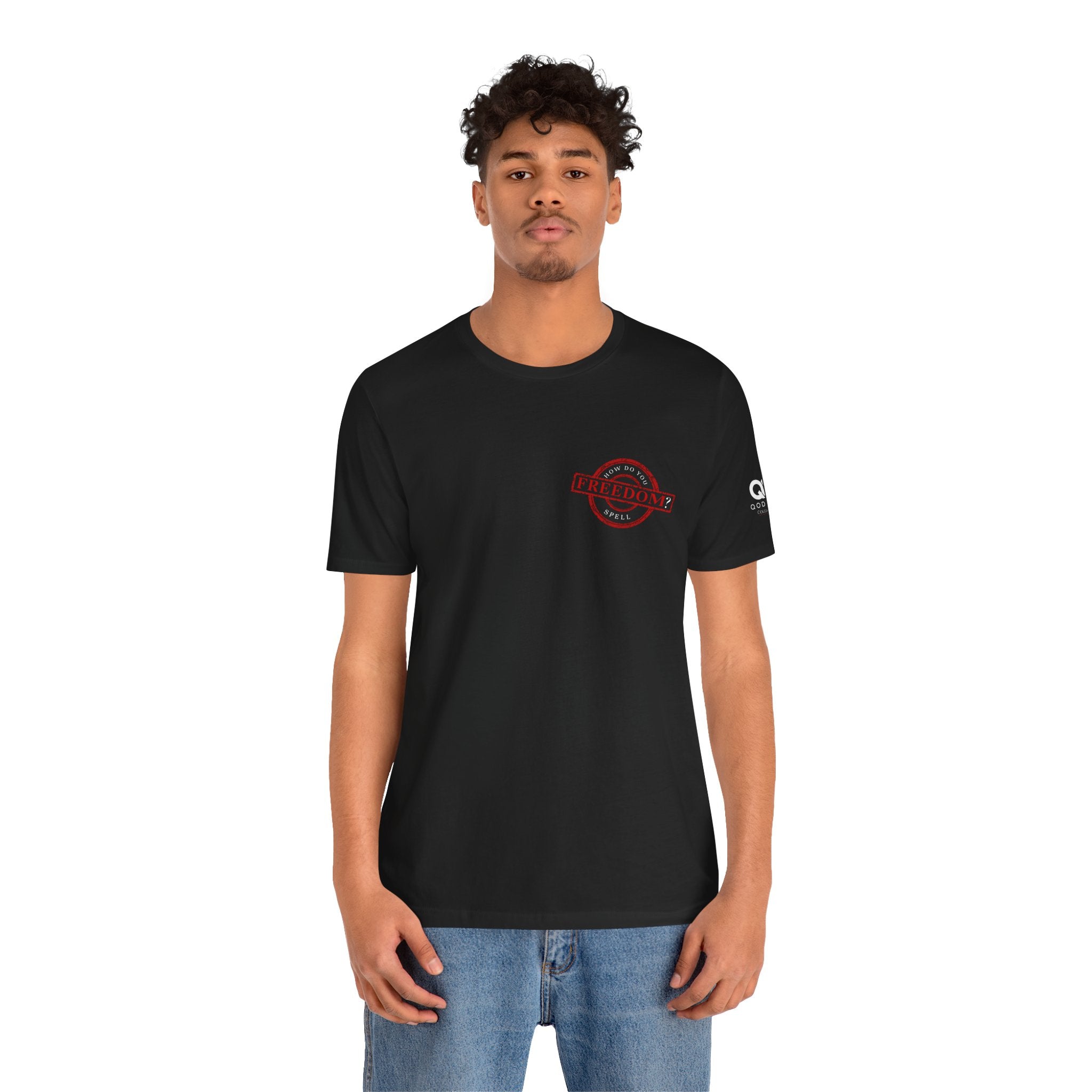 Freedom Stamp T‑Shirt — Distressed Red 'FREEDOM' Graphic Tee with Handprint Back