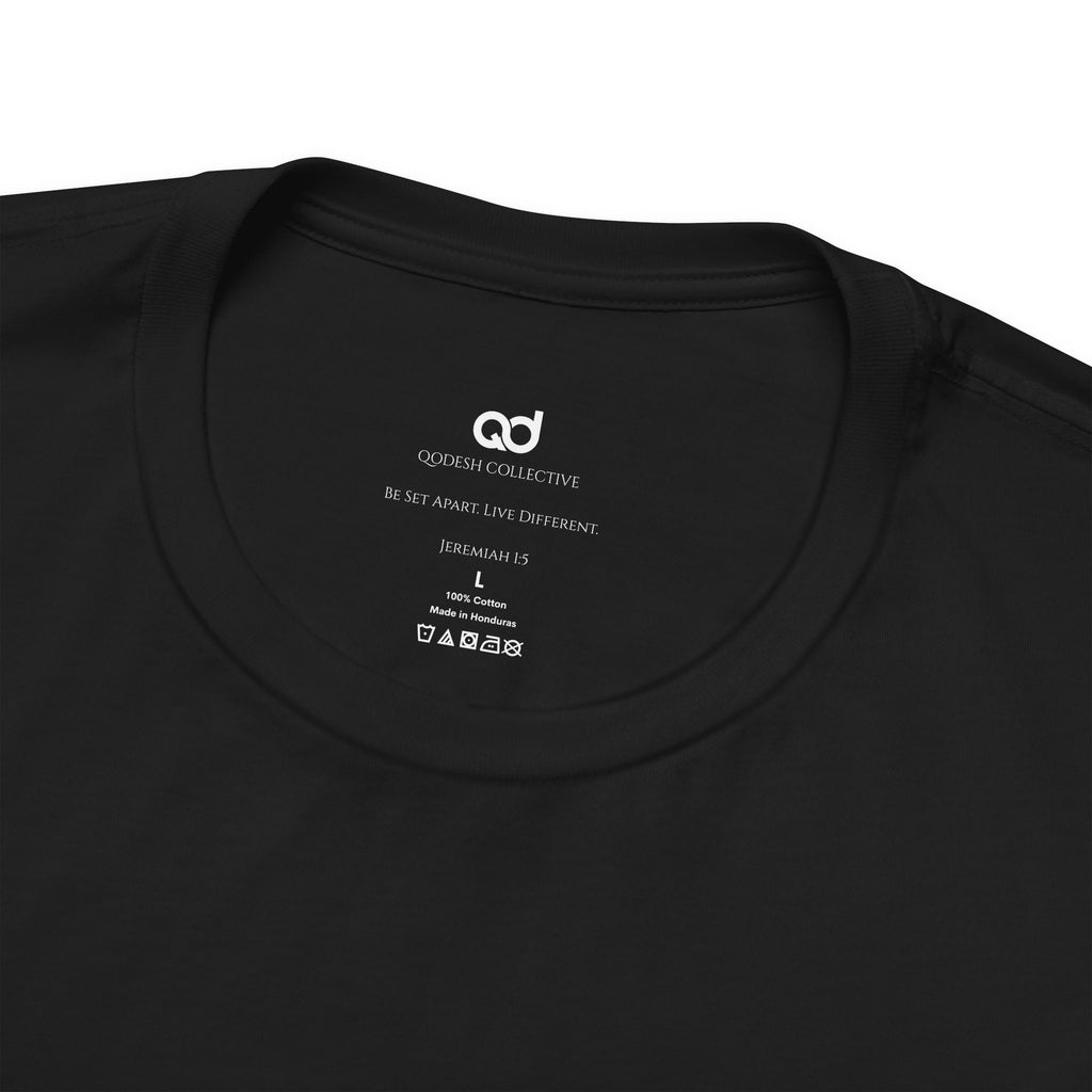 Qodesh Signature Collection T-Shirt — Minimal 'Fearfully & Wonderfully MADE' Design with Tiny Red Heart