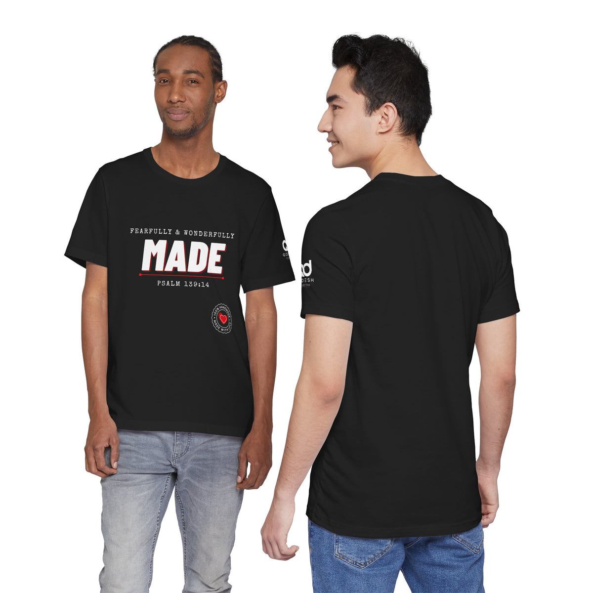 Qodesh Signature Collection T-Shirt — Minimal 'Fearfully & Wonderfully MADE' Design with Tiny Red Heart