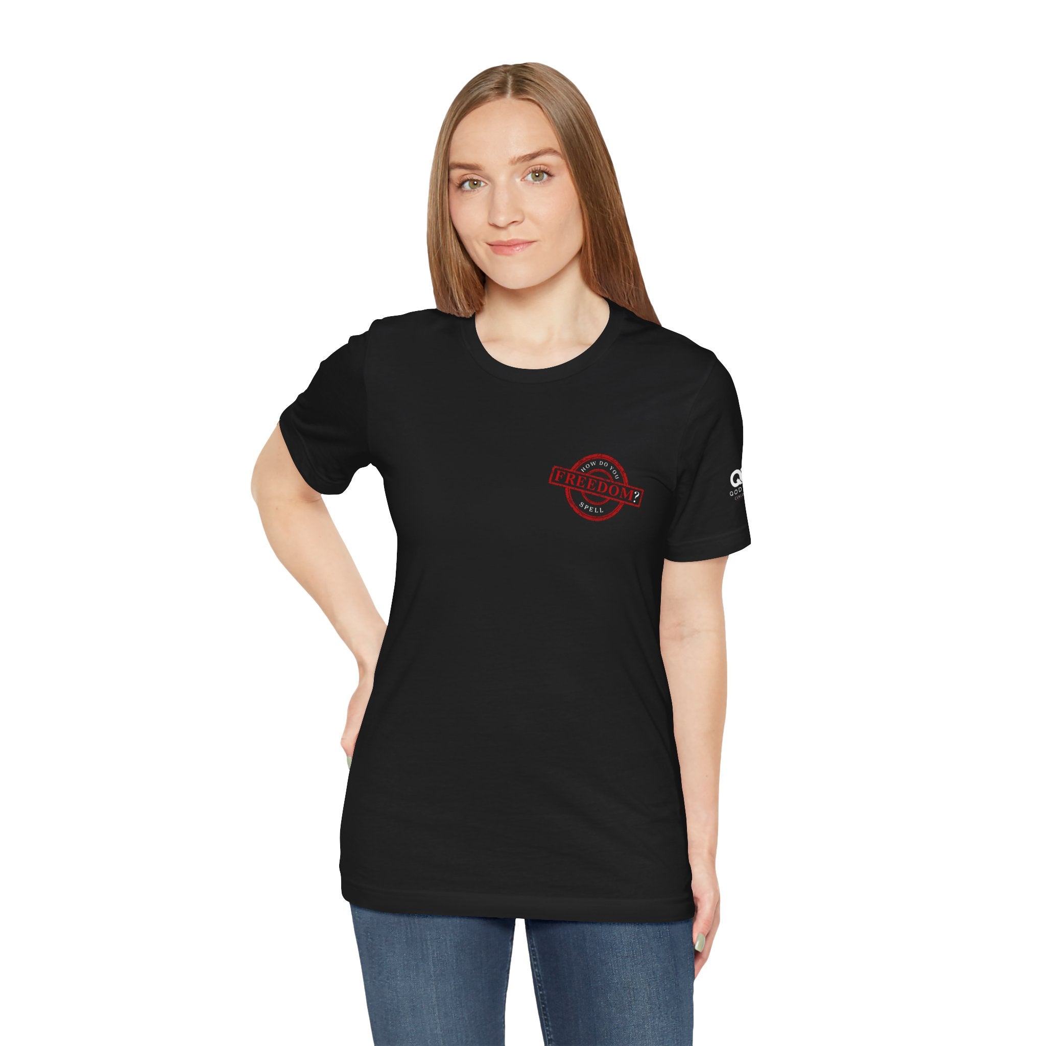 Freedom Stamp T‑Shirt — Distressed Red 'FREEDOM' Graphic Tee with Handprint Back