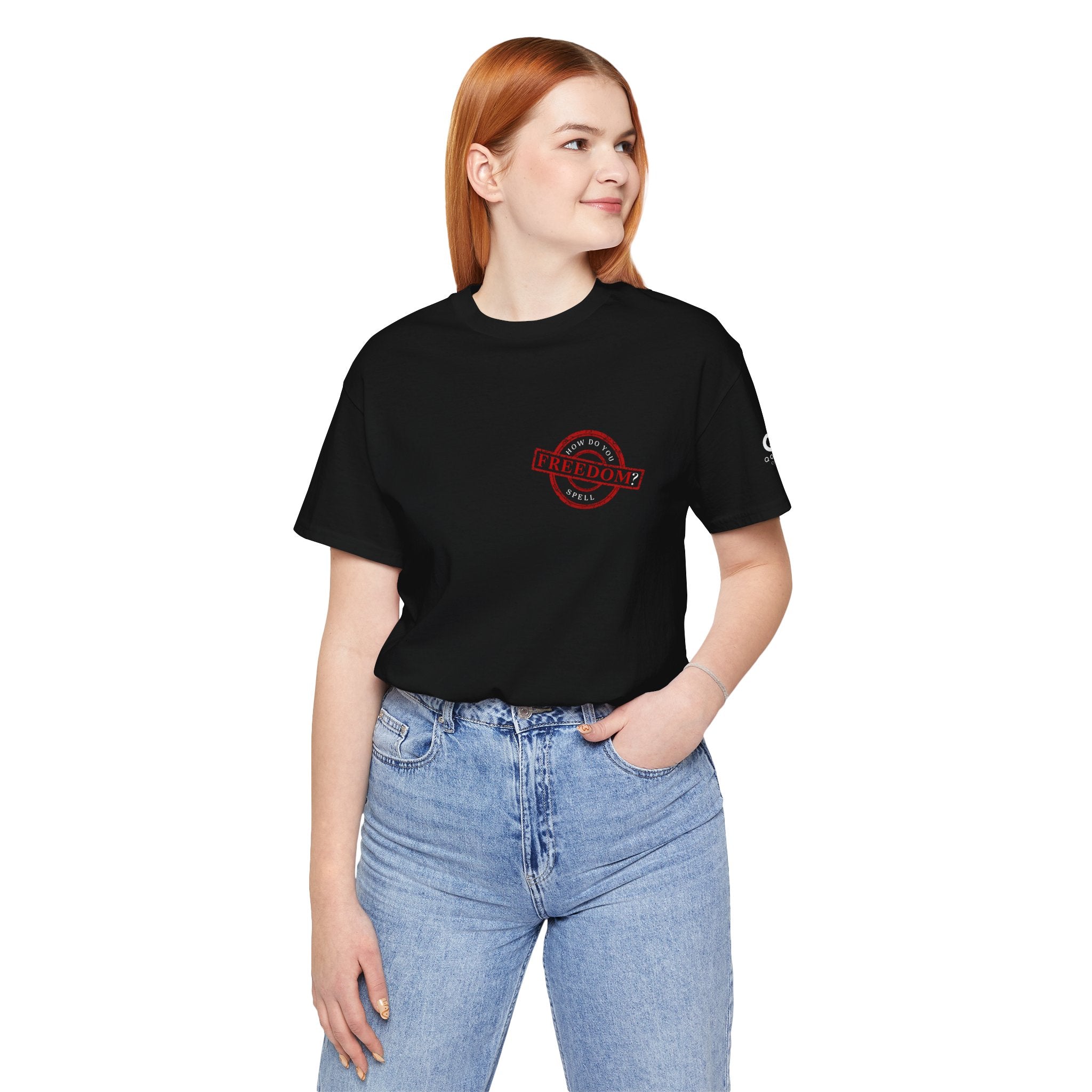 Freedom Stamp T‑Shirt — Distressed Red 'FREEDOM' Graphic Tee with Handprint Back