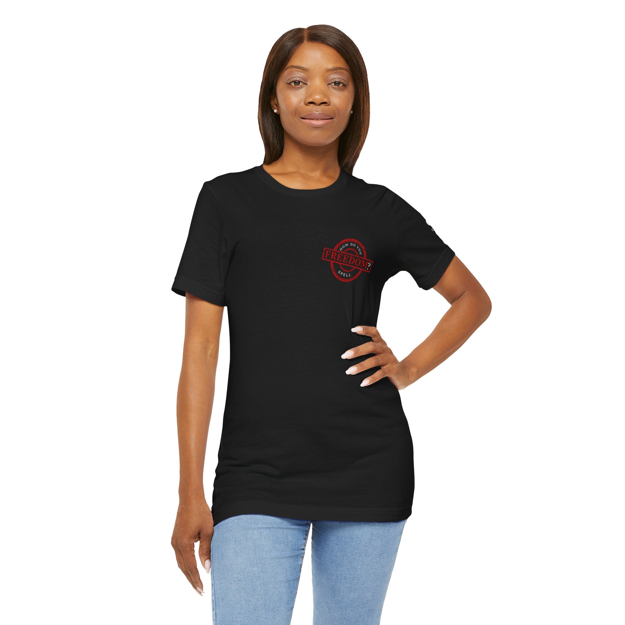 Freedom Stamp T‑Shirt — Distressed Red 'FREEDOM' Graphic Tee with Handprint Back
