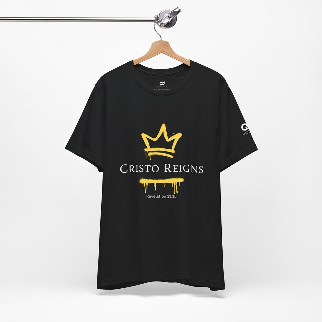 Gold Crown "Cristo Reigns" Graffiti Tee – Yellow Drip Streetwear T‑Shirt