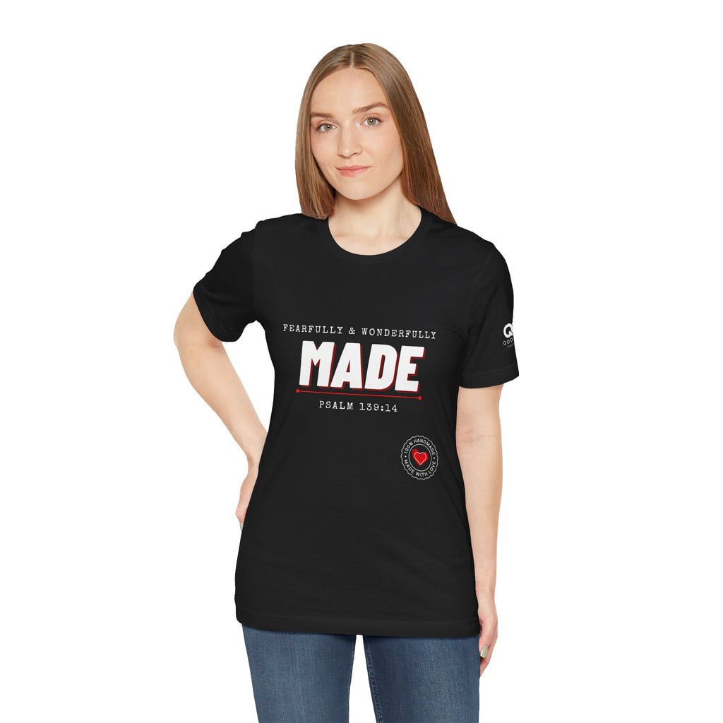 Qodesh Signature Collection T-Shirt — Minimal 'Fearfully & Wonderfully MADE' Design with Tiny Red Heart