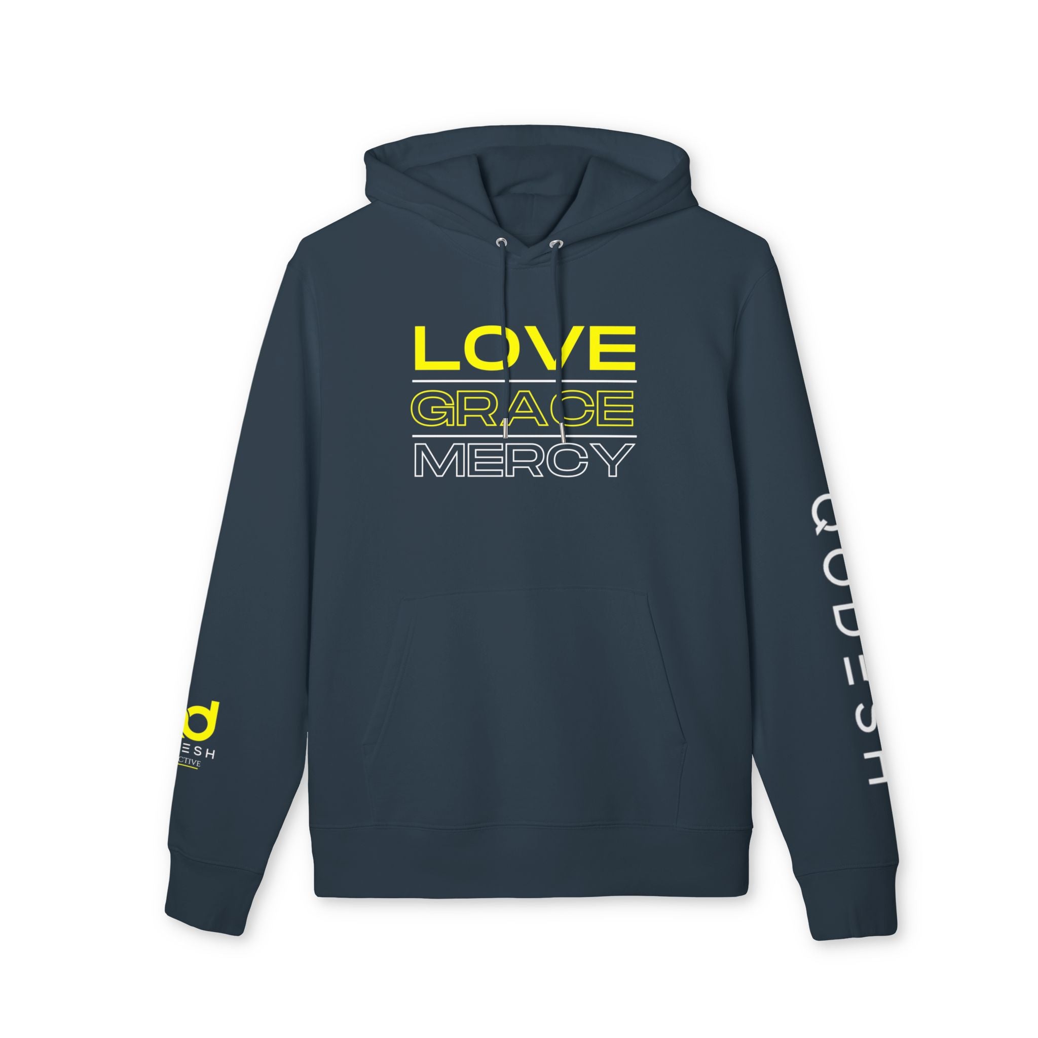 Love, Grace, Mercy Minimalist Hoodie — Yellow "LOVE" Graphic Pullover