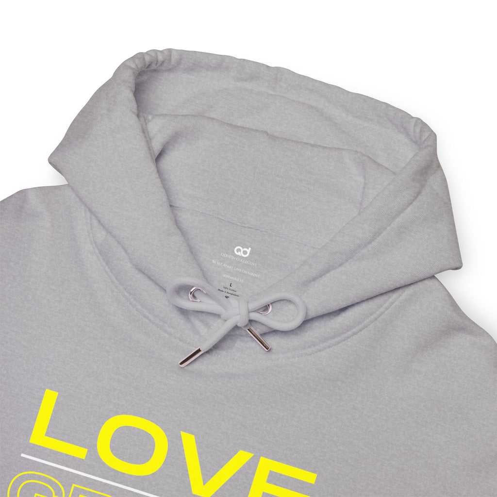 Love, Grace, Mercy Minimalist Hoodie — Yellow "LOVE" Graphic Pullover