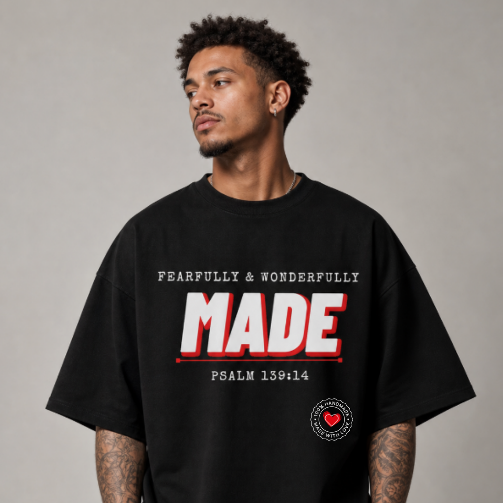 Qodesh Signature Collection T-Shirt — Minimal 'Fearfully & Wonderfully MADE' Design with Tiny Red Heart