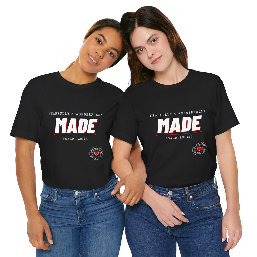 Qodesh Signature Collection T-Shirt — Minimal 'Fearfully & Wonderfully MADE' Design with Tiny Red Heart