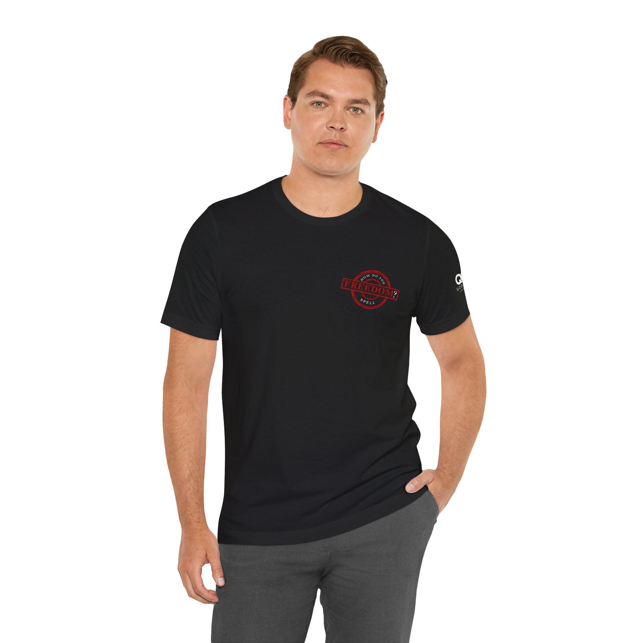 Freedom Stamp T‑Shirt — Distressed Red 'FREEDOM' Graphic Tee with Handprint Back