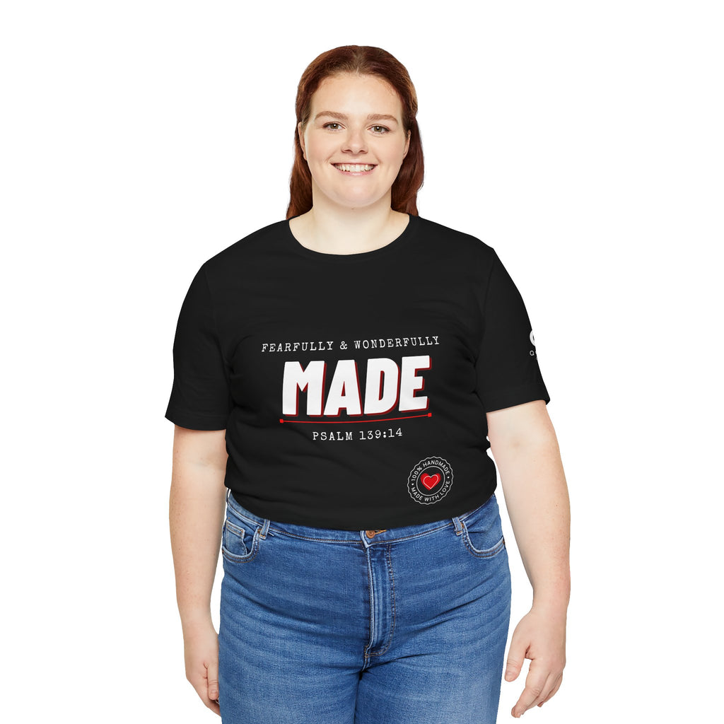 Qodesh Signature Collection T-Shirt — Minimal 'Fearfully & Wonderfully MADE' Design with Tiny Red Heart