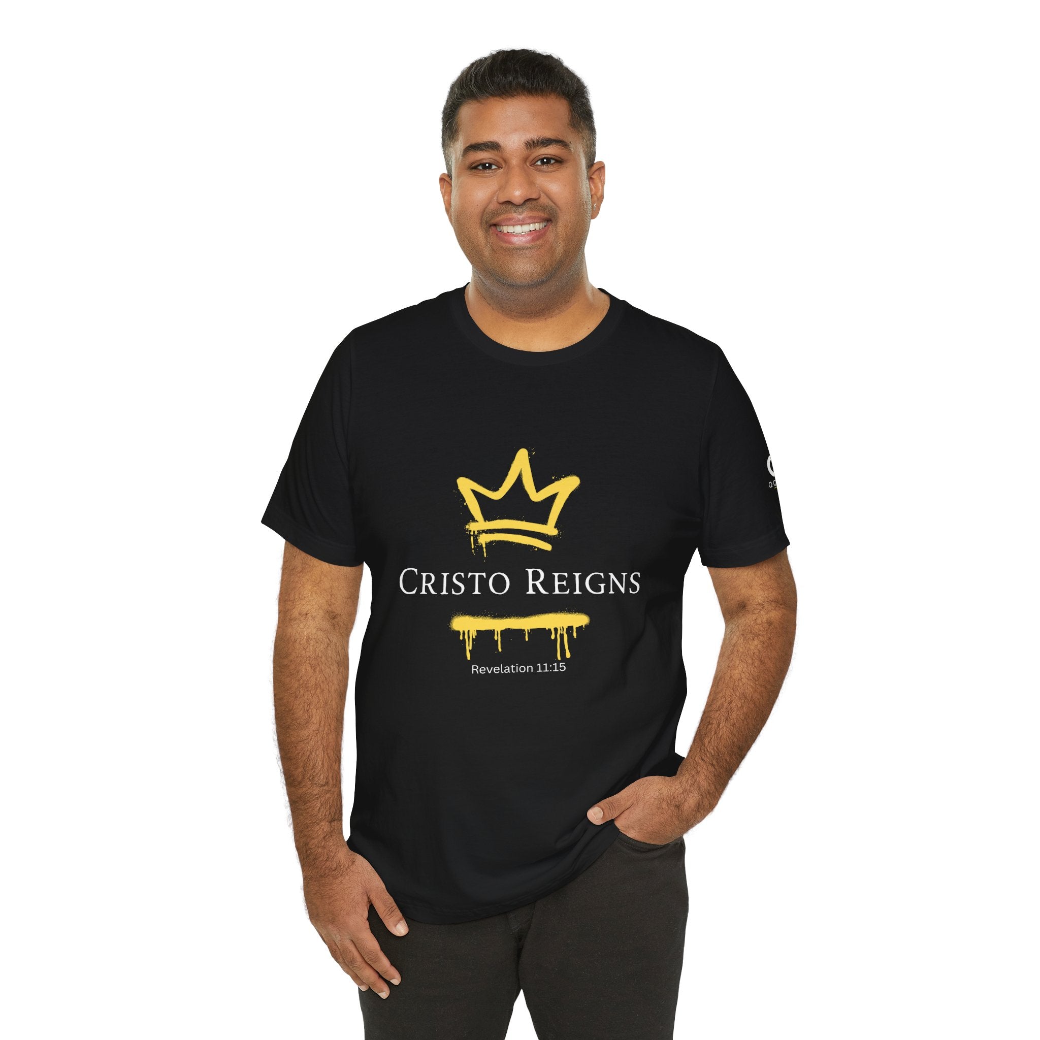 Gold Crown "Cristo Reigns" Graffiti Tee – Yellow Drip Streetwear T‑Shirt