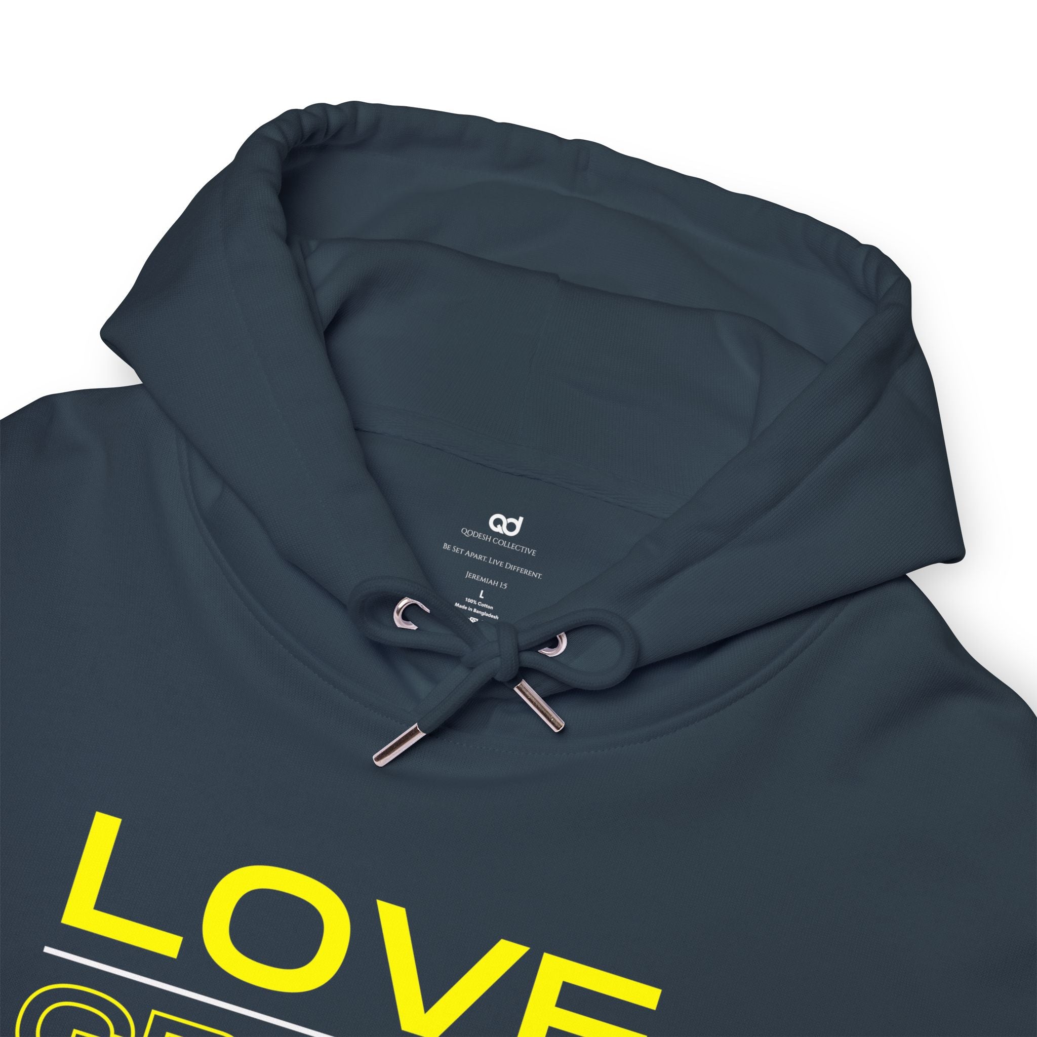 Love, Grace, Mercy Minimalist Hoodie — Yellow "LOVE" Graphic Pullover