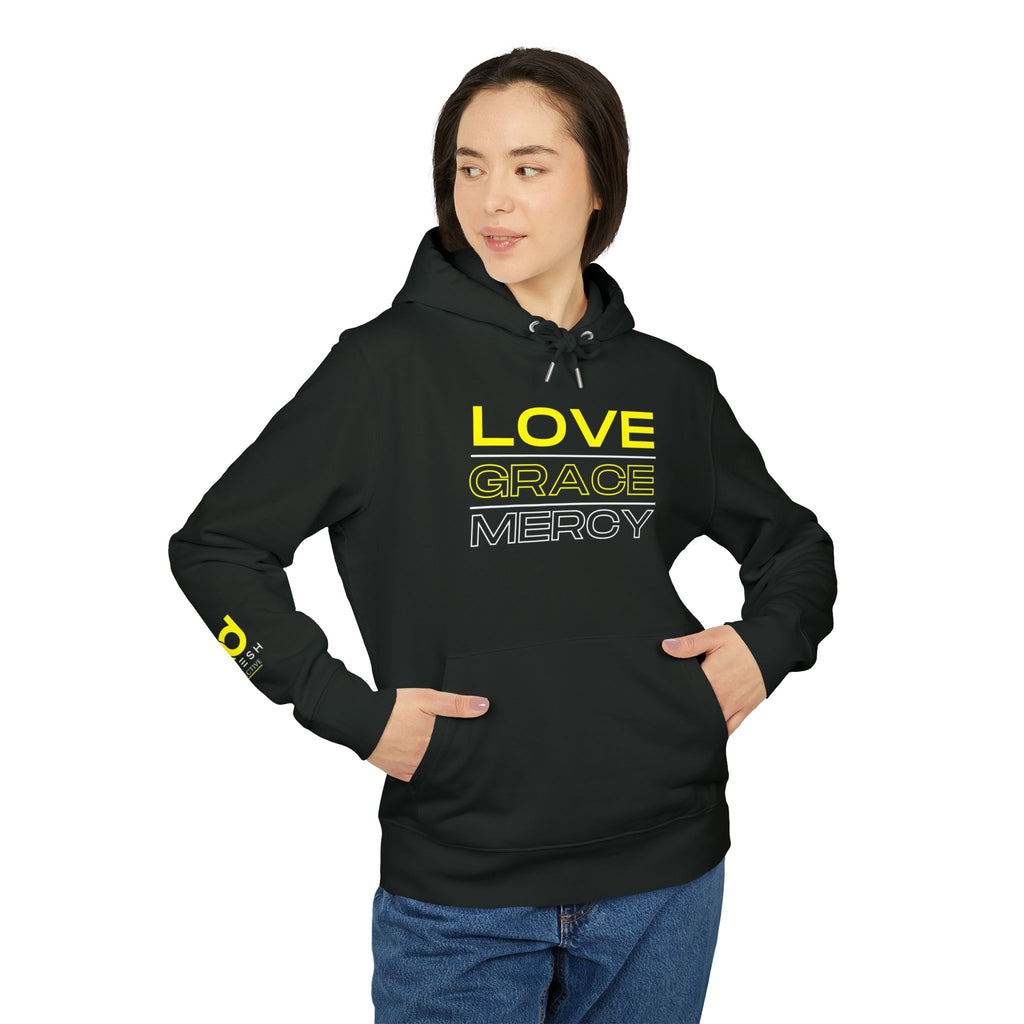 Love, Grace, Mercy Minimalist Hoodie — Yellow "LOVE" Graphic Pullover