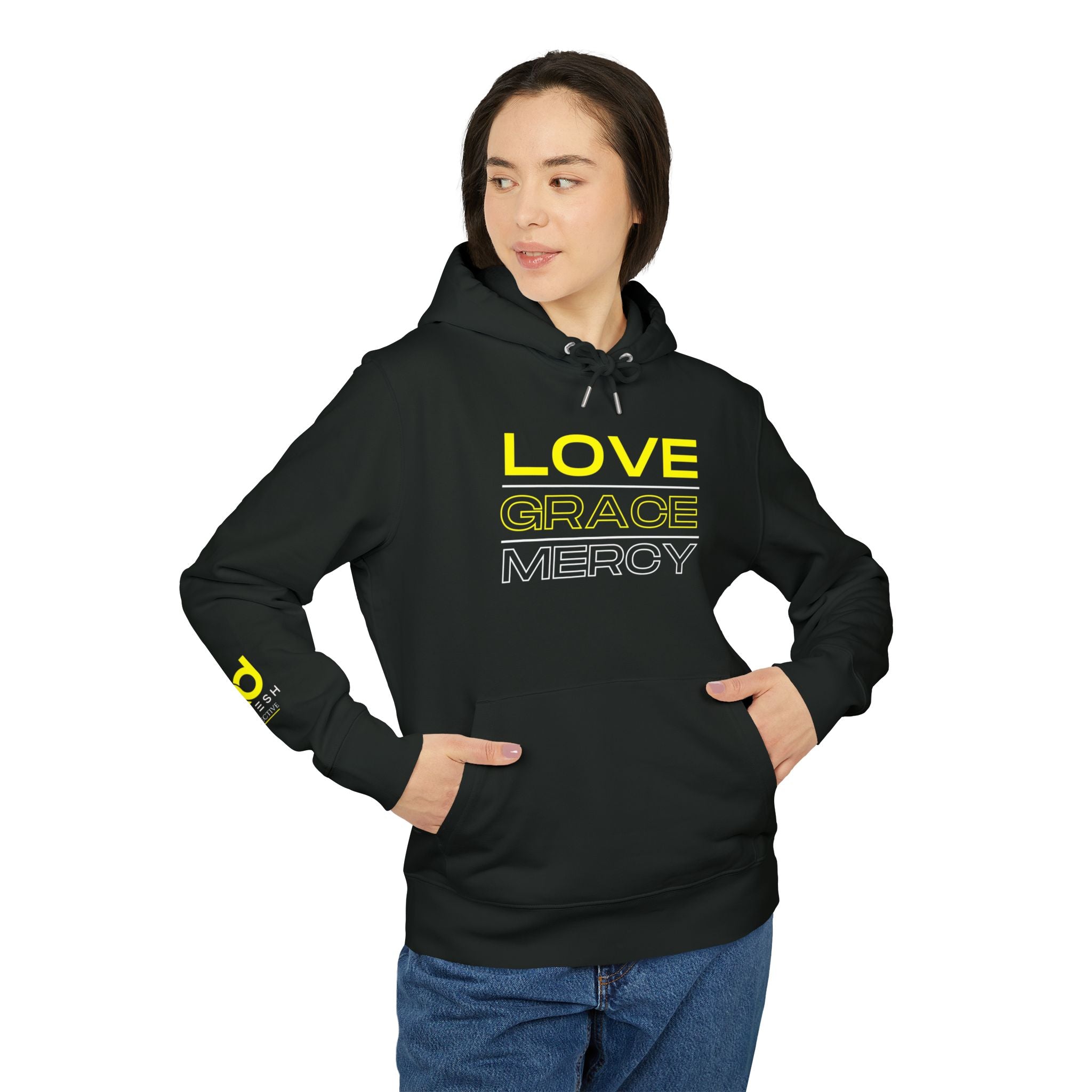 Love, Grace, Mercy Minimalist Hoodie — Yellow "LOVE" Graphic Pullover