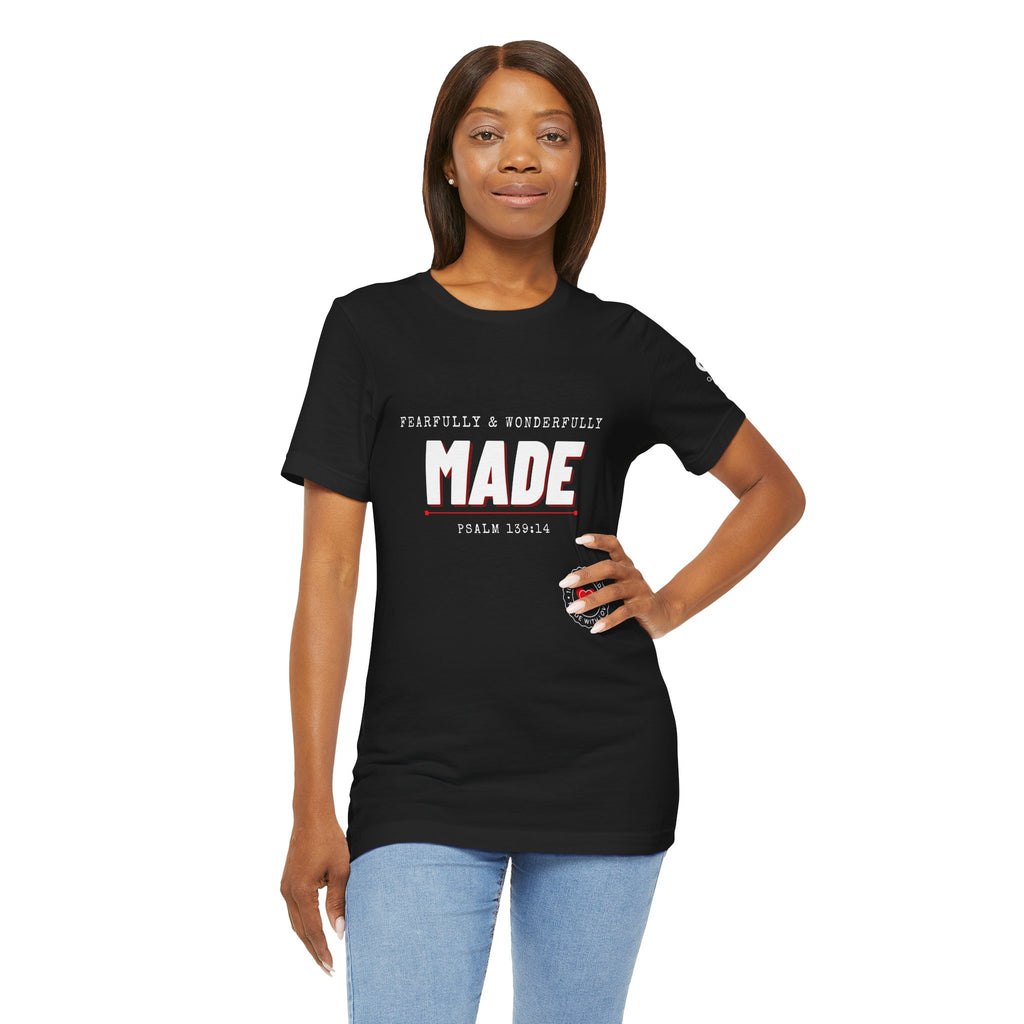 Qodesh Signature Collection T-Shirt — Minimal 'Fearfully & Wonderfully MADE' Design with Tiny Red Heart