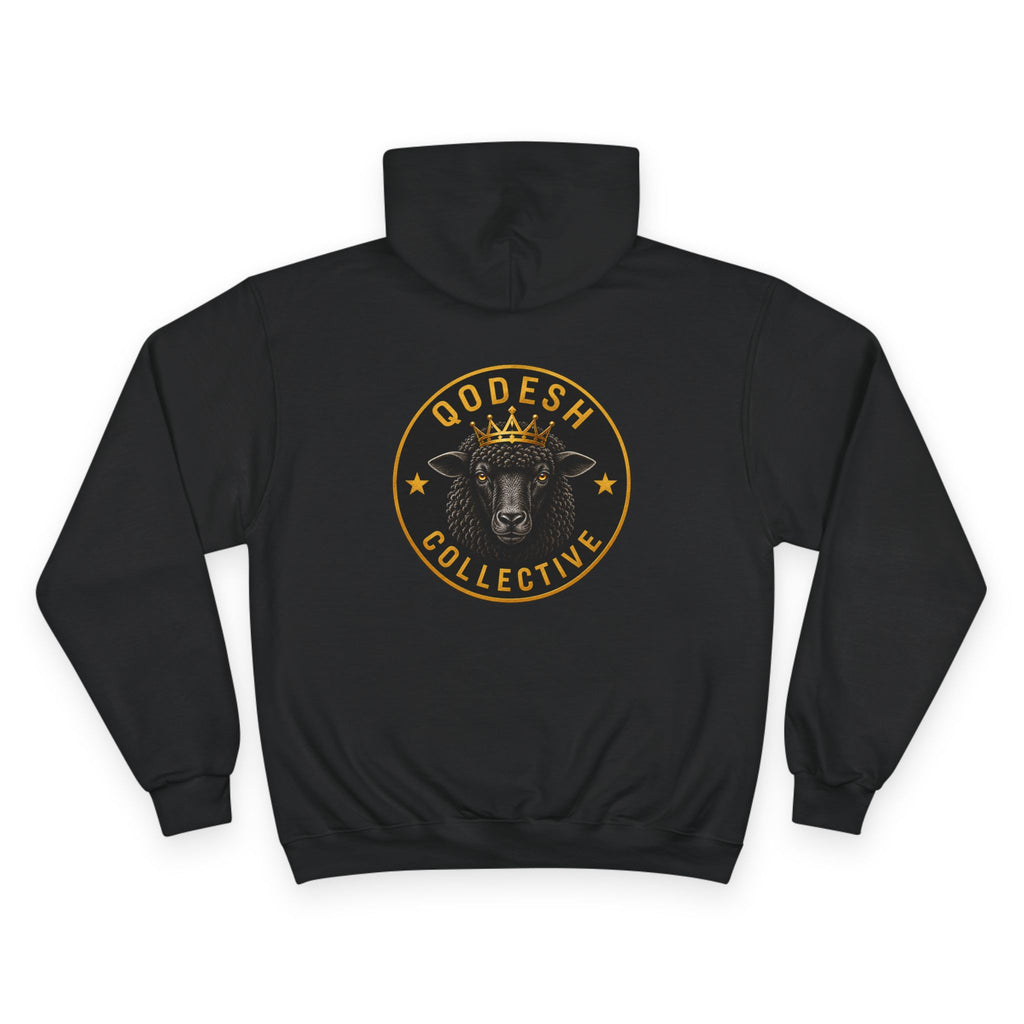 Qodesh Collective Champion Hoodie — Black Pullover with Lamb Crest Logo