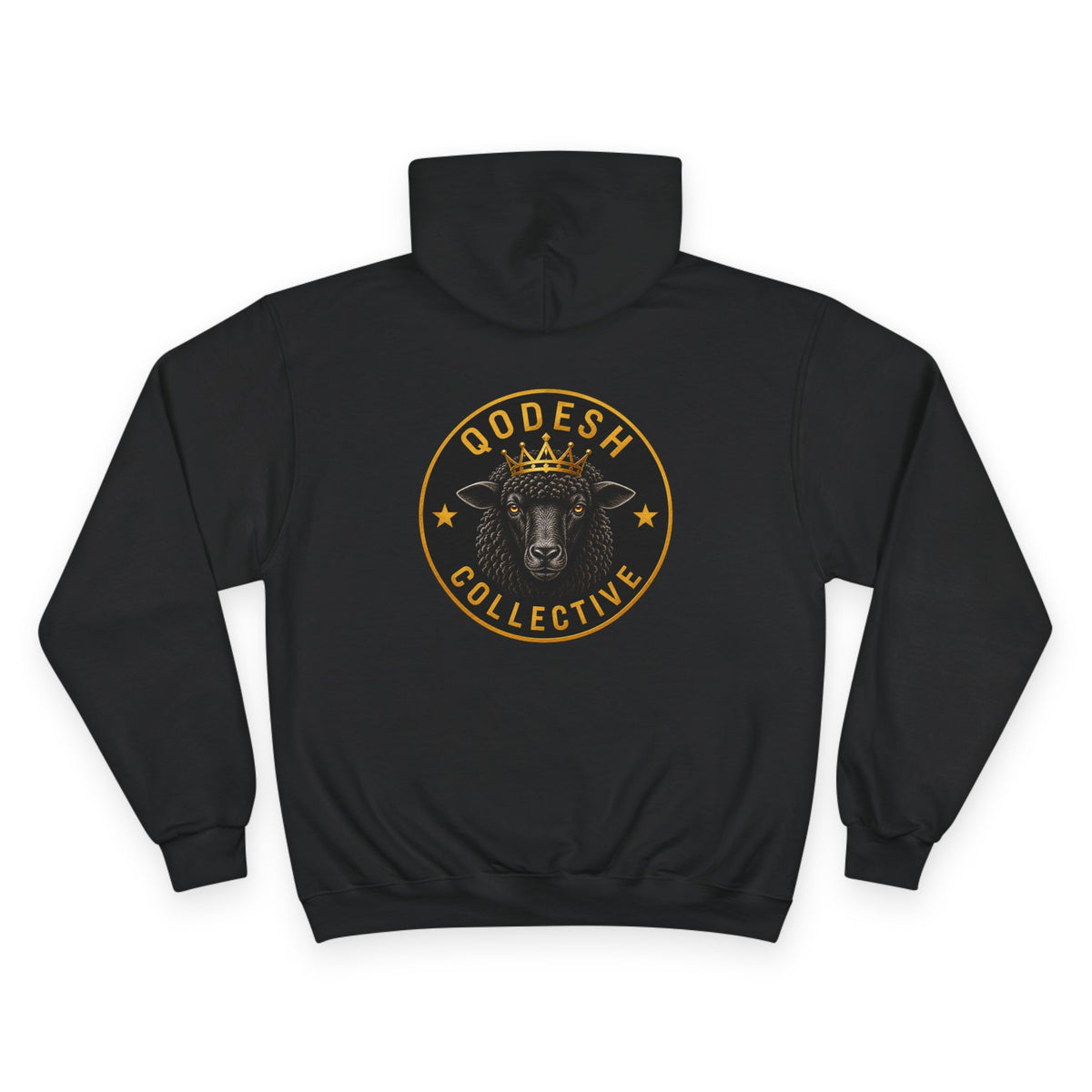 Qodesh Collective Champion Hoodie — Black Pullover with Lamb Crest Logo