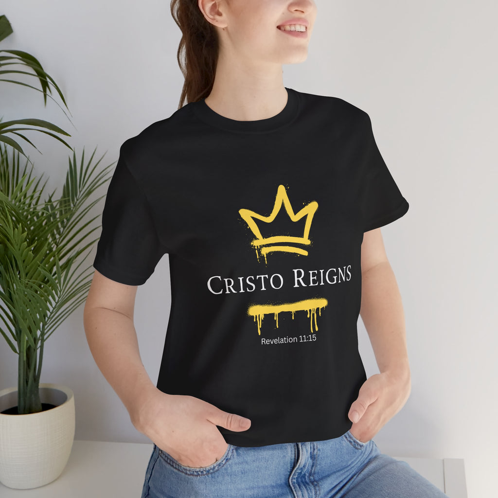 Gold Crown "Cristo Reigns" Graffiti Tee – Yellow Drip Streetwear T‑Shirt