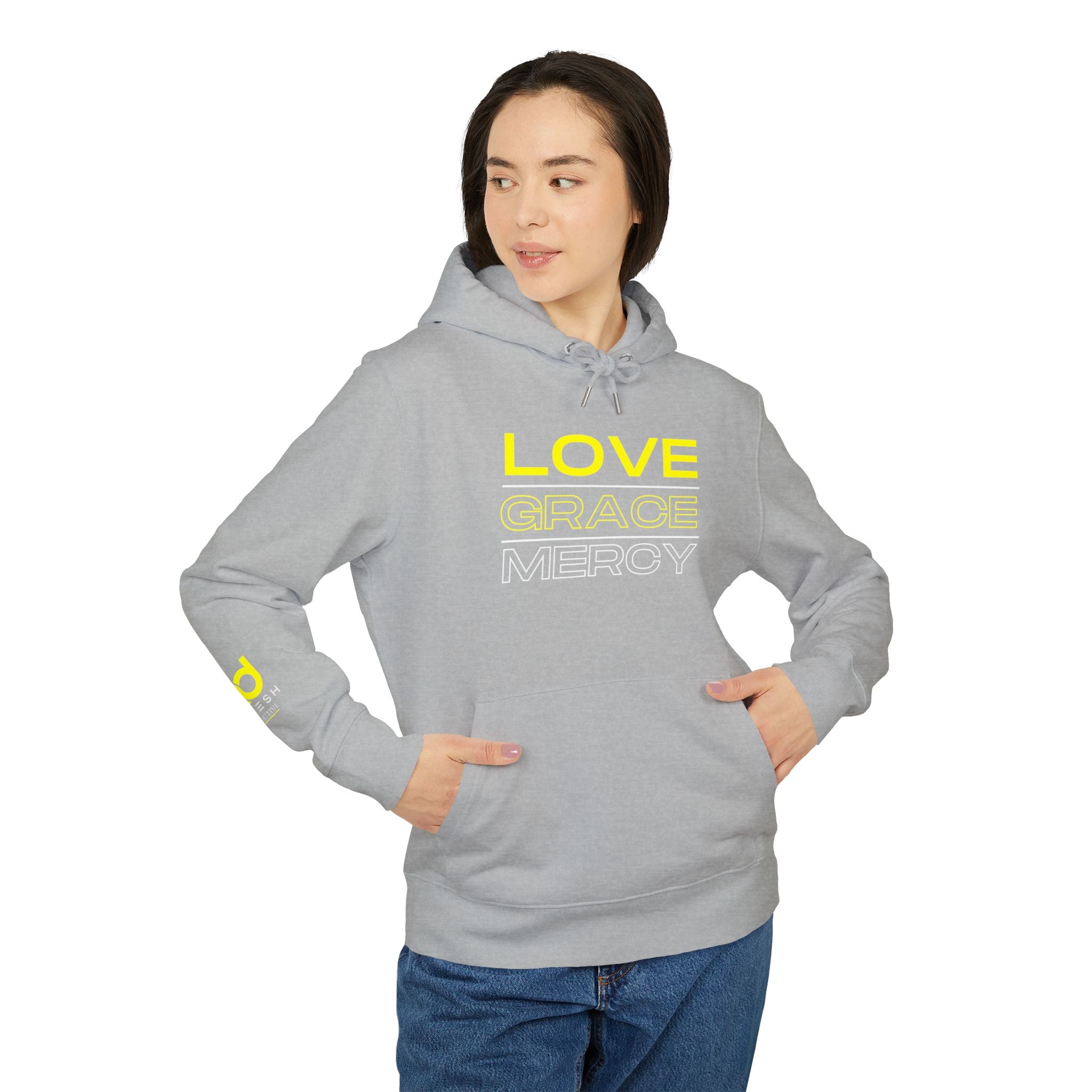 Love, Grace, Mercy Minimalist Hoodie — Yellow "LOVE" Graphic Pullover