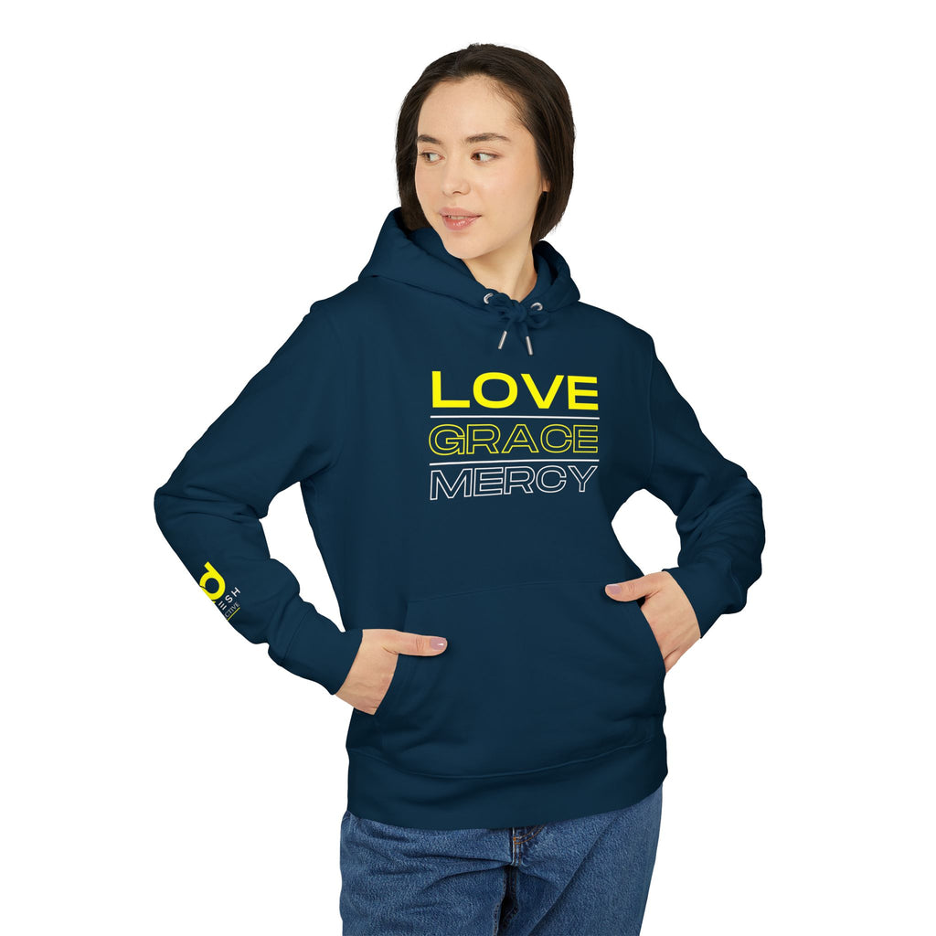 Love, Grace, Mercy Minimalist Hoodie — Yellow "LOVE" Graphic Pullover