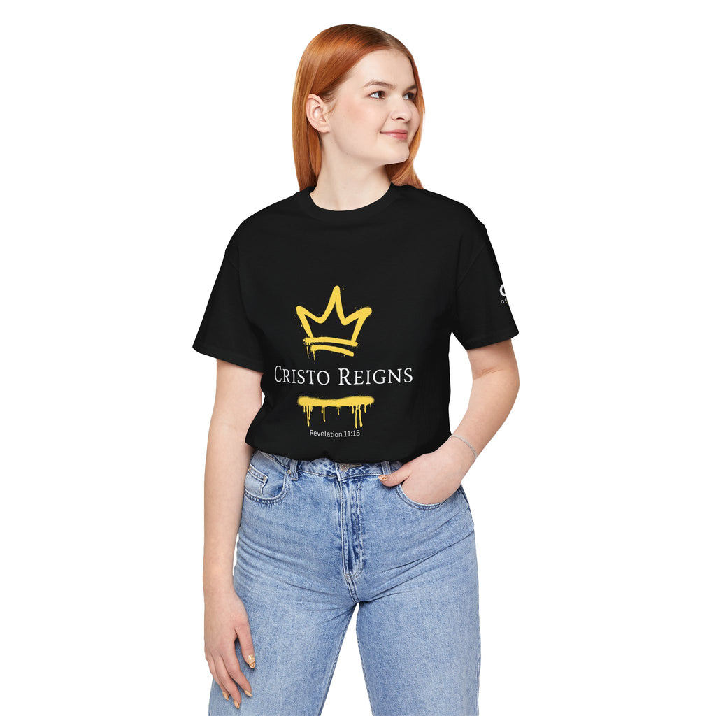 Gold Crown "Cristo Reigns" Graffiti Tee – Yellow Drip Streetwear T‑Shirt