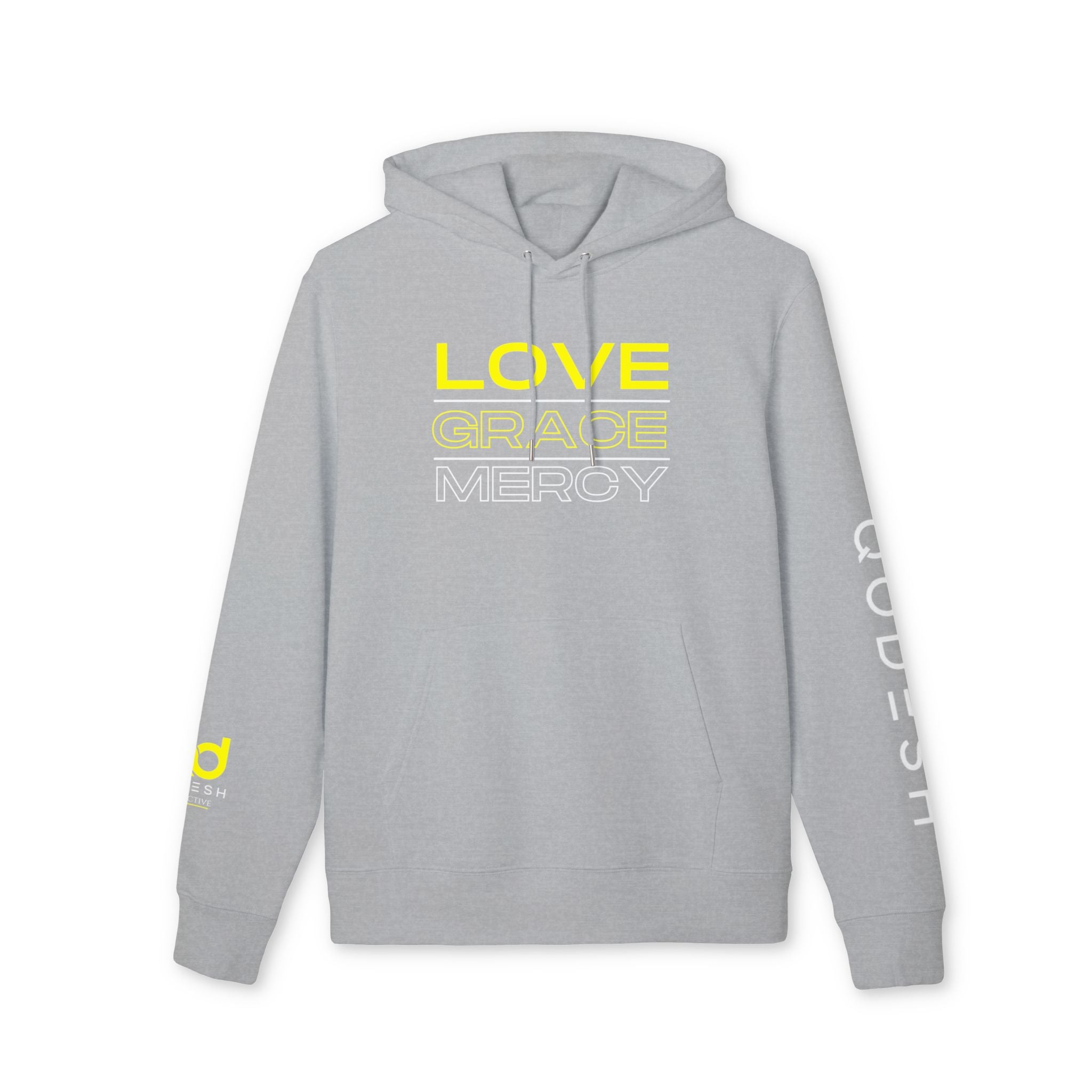 Love, Grace, Mercy Minimalist Hoodie — Yellow "LOVE" Graphic Pullover