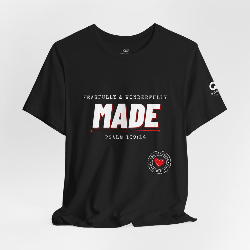 Qodesh Signature Collection T-Shirt — Minimal 'Fearfully & Wonderfully MADE' Design with Tiny Red Heart