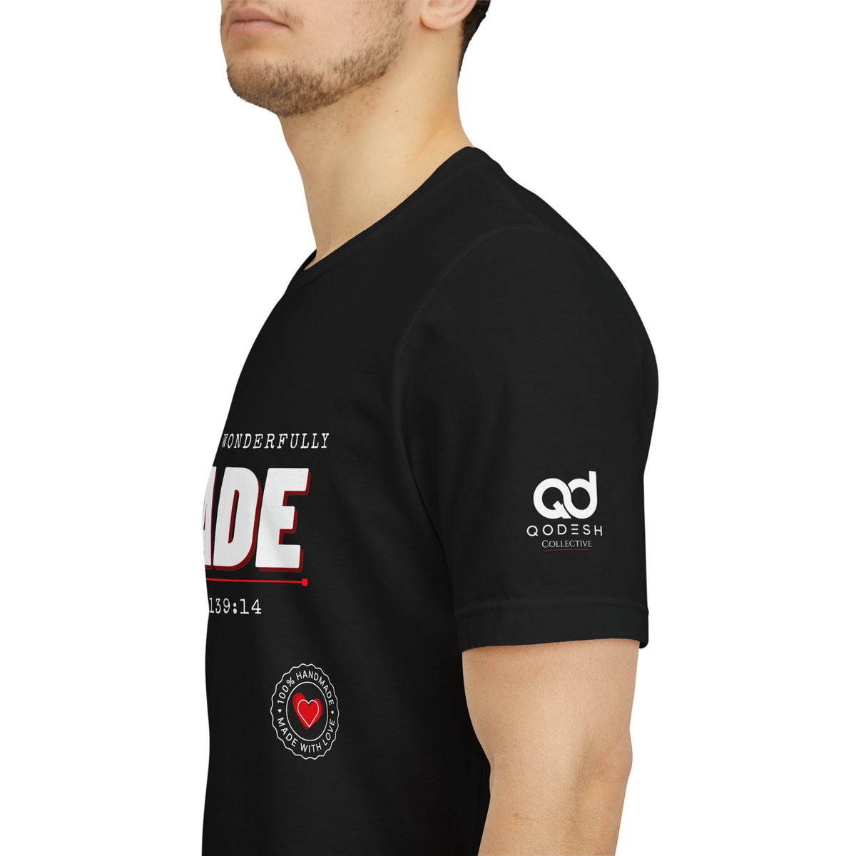 Qodesh Signature Collection T-Shirt — Minimal 'Fearfully & Wonderfully MADE' Design with Tiny Red Heart