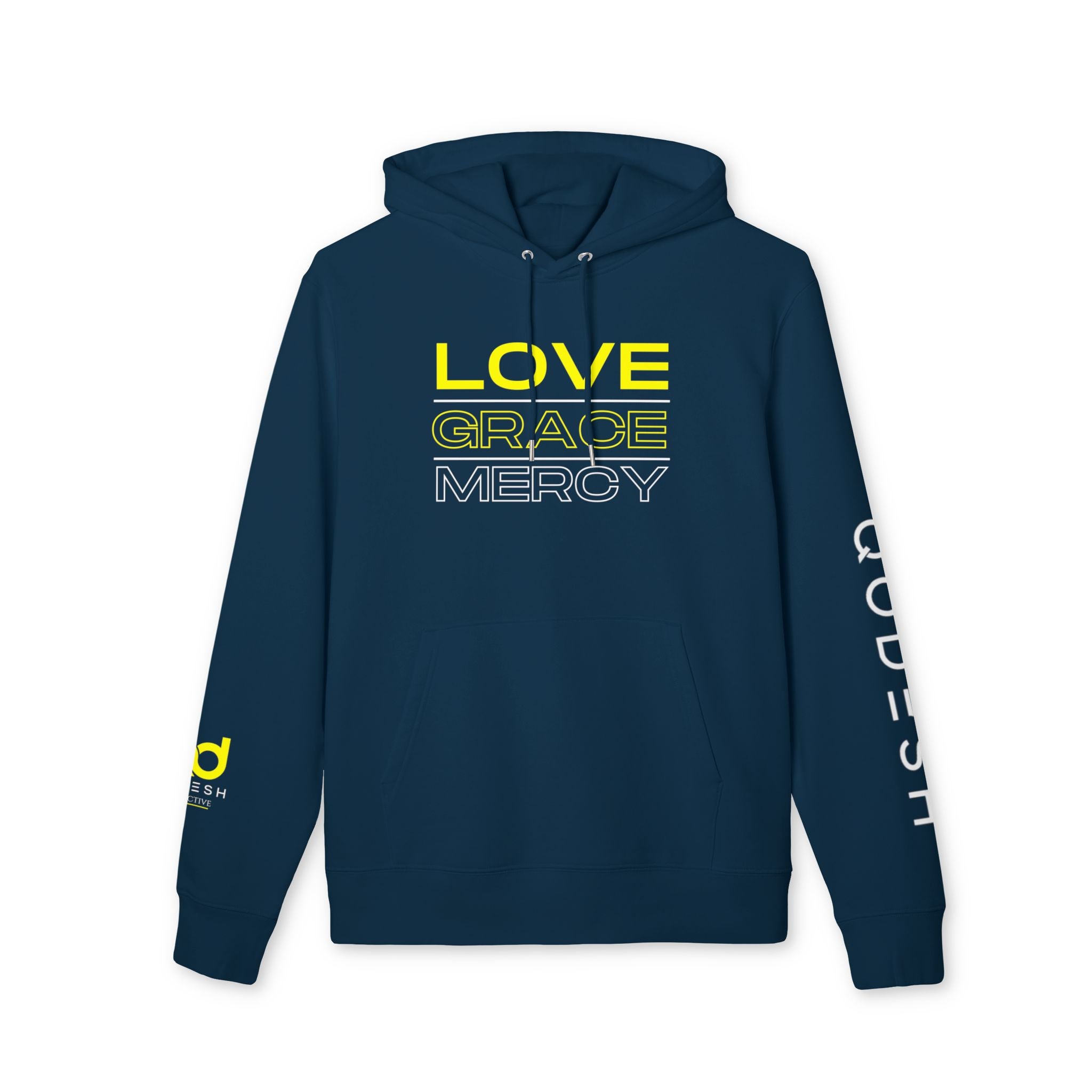 Love, Grace, Mercy Minimalist Hoodie — Yellow "LOVE" Graphic Pullover