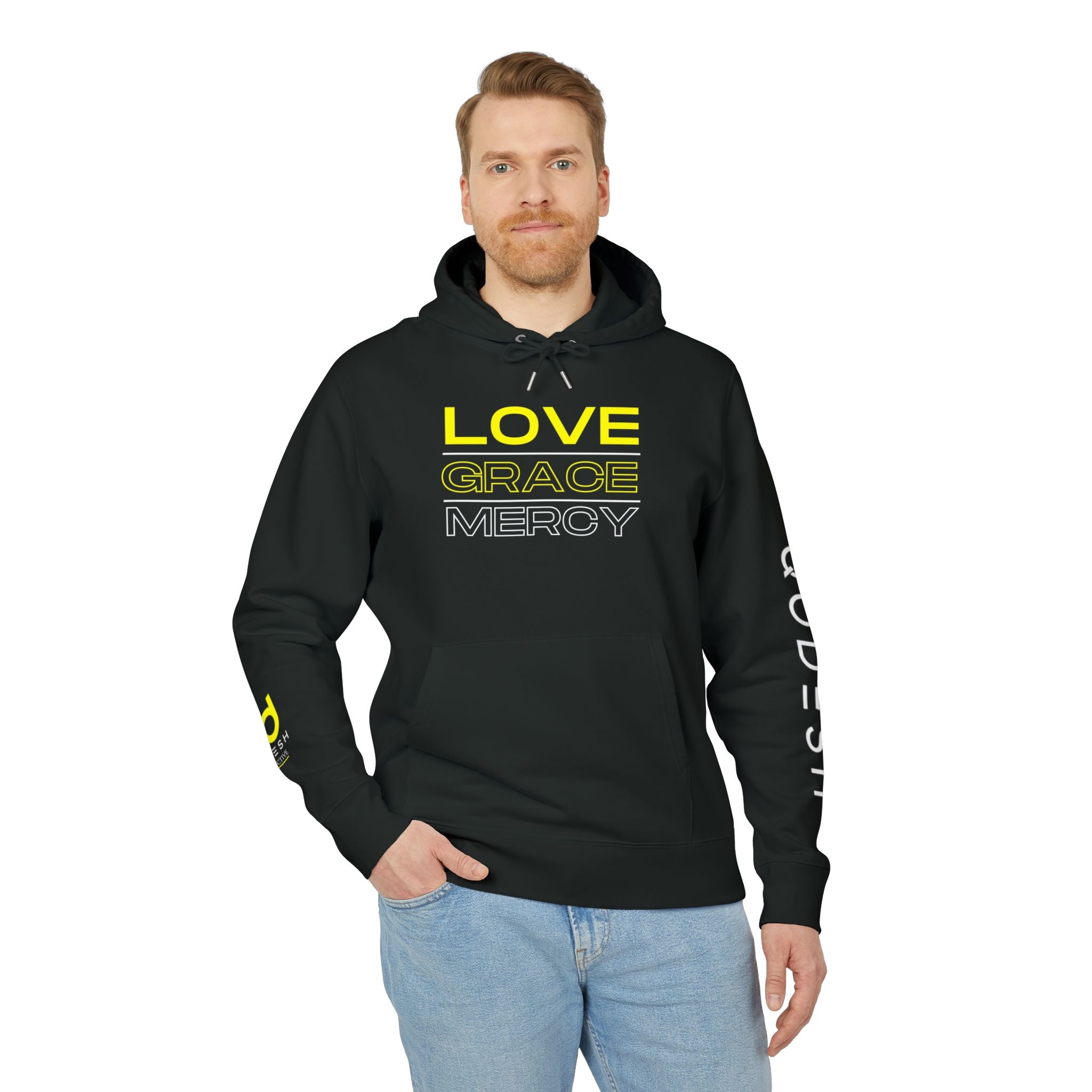 Love, Grace, Mercy Minimalist Hoodie — Yellow "LOVE" Graphic Pullover