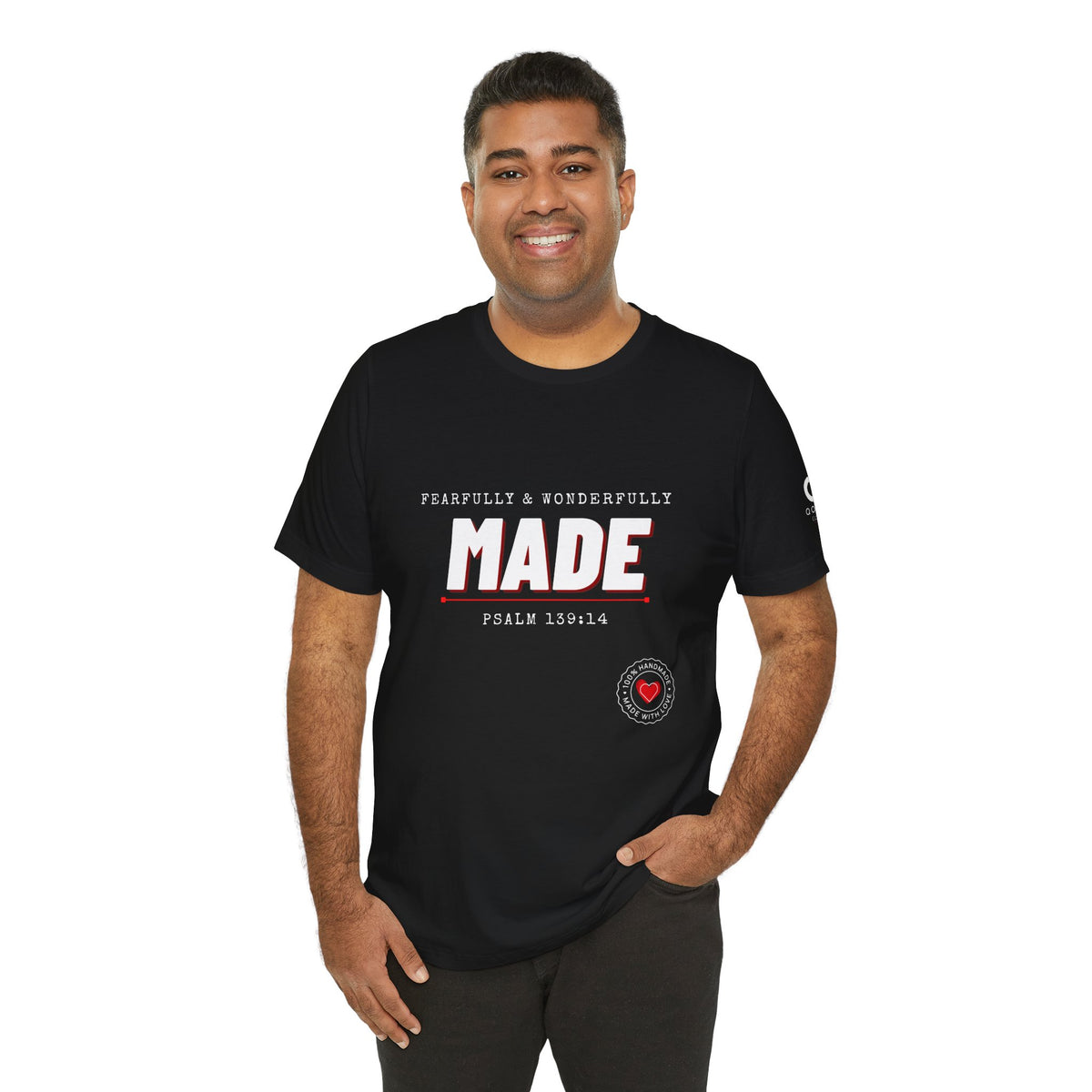 Qodesh Signature Collection T-Shirt — Minimal 'Fearfully & Wonderfully MADE' Design with Tiny Red Heart