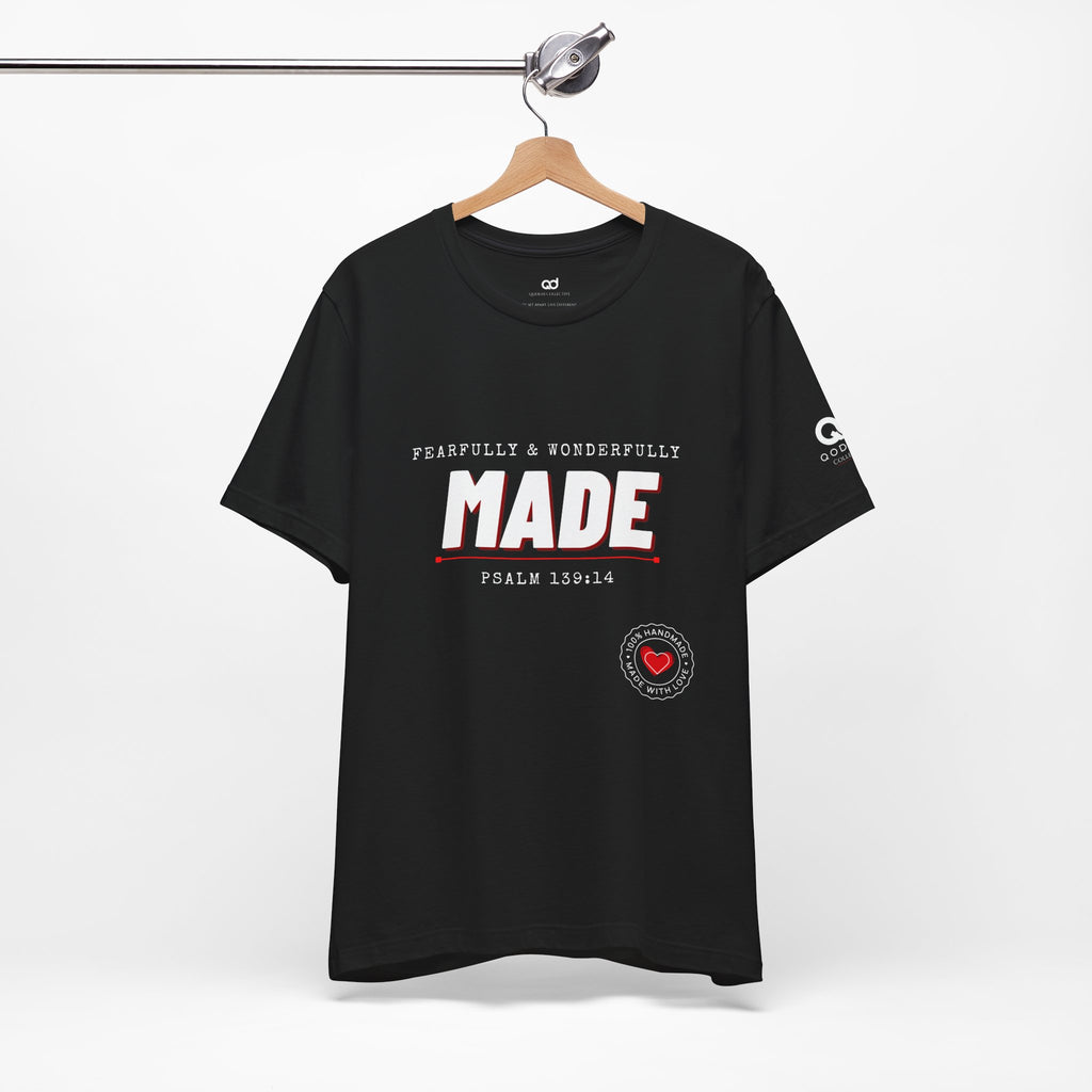 Qodesh Signature Collection T-Shirt — Minimal 'Fearfully & Wonderfully MADE' Design with Tiny Red Heart