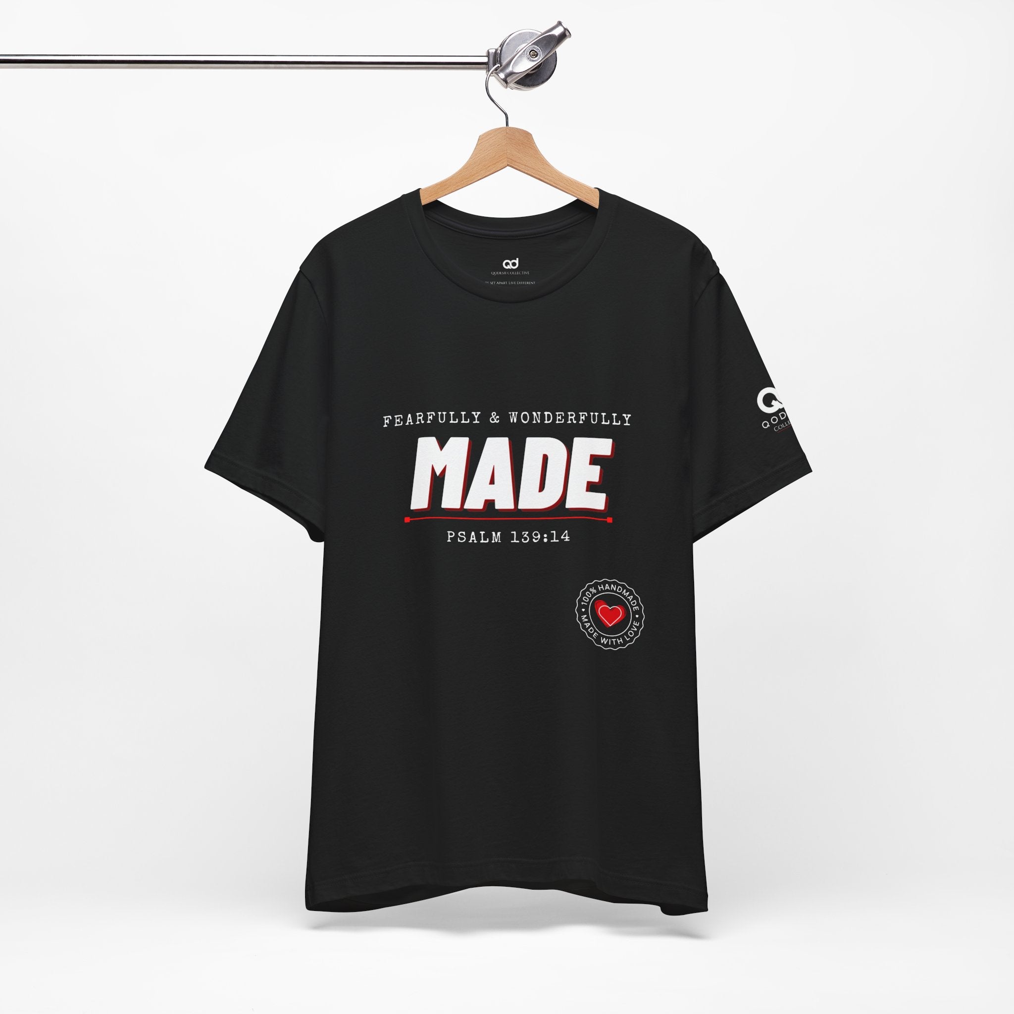 Qodesh Signature Collection T-Shirt — Minimal 'Fearfully & Wonderfully MADE' Design with Tiny Red Heart