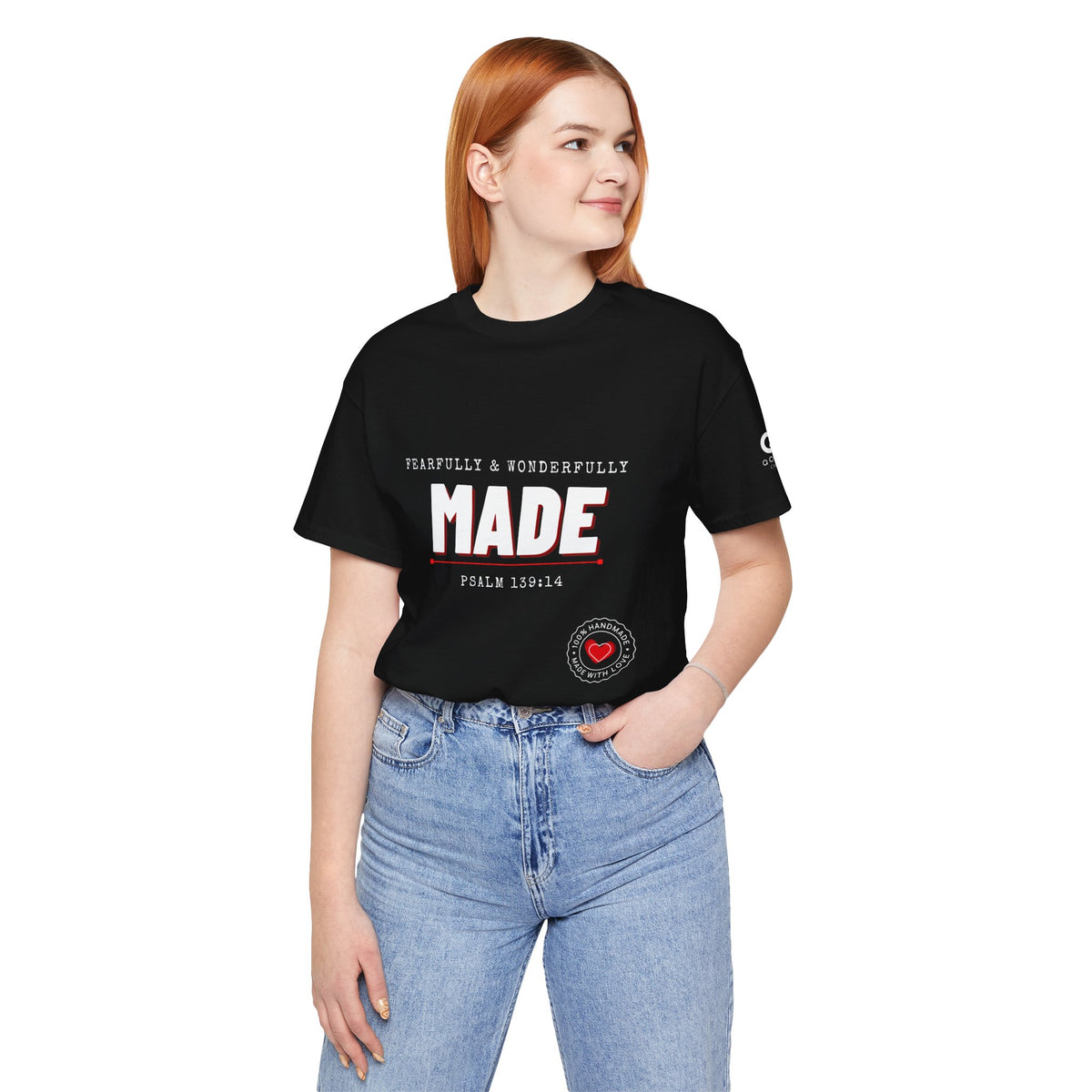 Qodesh Signature Collection T-Shirt — Minimal 'Fearfully & Wonderfully MADE' Design with Tiny Red Heart