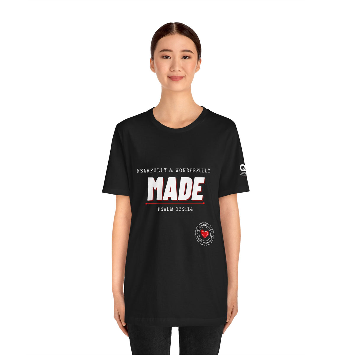 Qodesh Signature Collection T-Shirt — Minimal 'Fearfully & Wonderfully MADE' Design with Tiny Red Heart