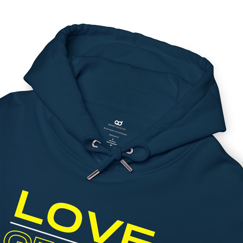 Love, Grace, Mercy Minimalist Hoodie — Yellow "LOVE" Graphic Pullover